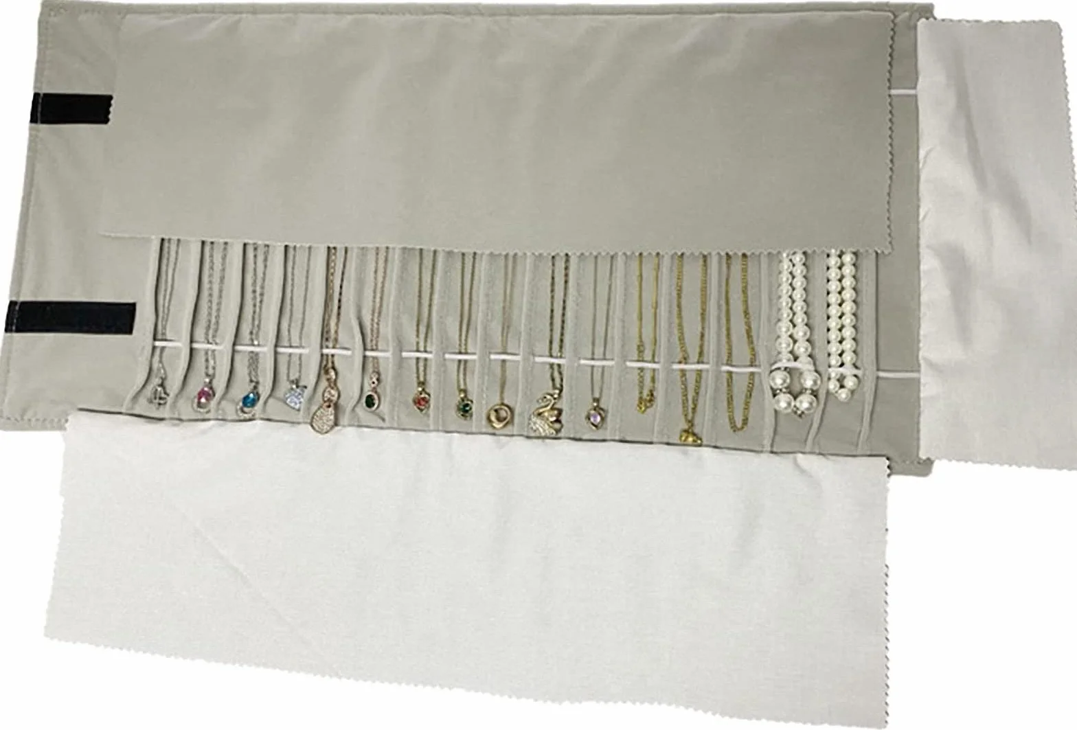 Rollo de joyería, terciopelo rollo joyero, bolsa reticular de PVC transparente antipolvo, organizador de viaje para joyas, rollo joyero con bolsillos y cremallera (gris, franela)