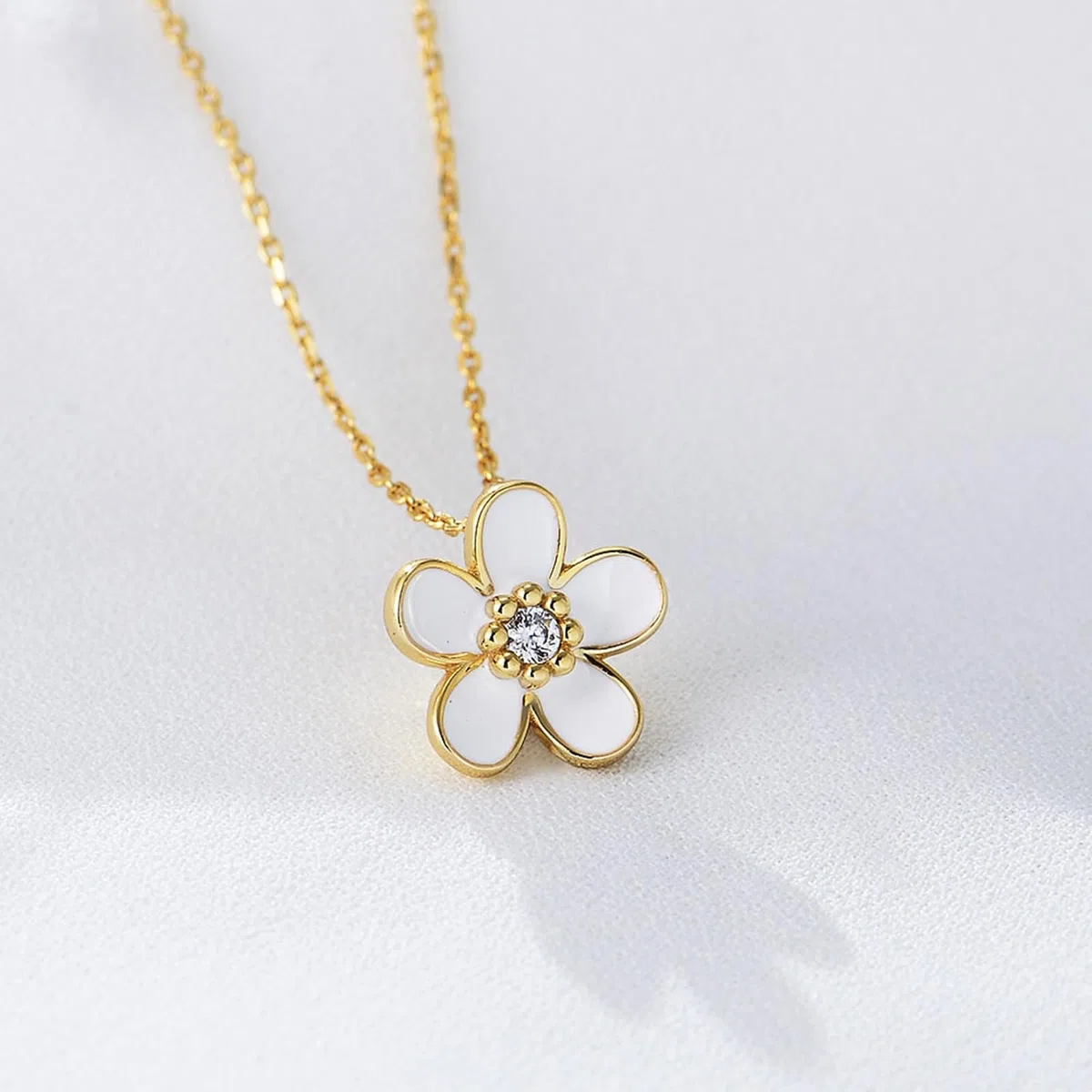 Collar con colgante de flor para mujer, cadena de oro amarillo de 9 quilates, 14 quilates, 18 quilates con diamante, collar con colgante individual para ella, 40 + 5 cm