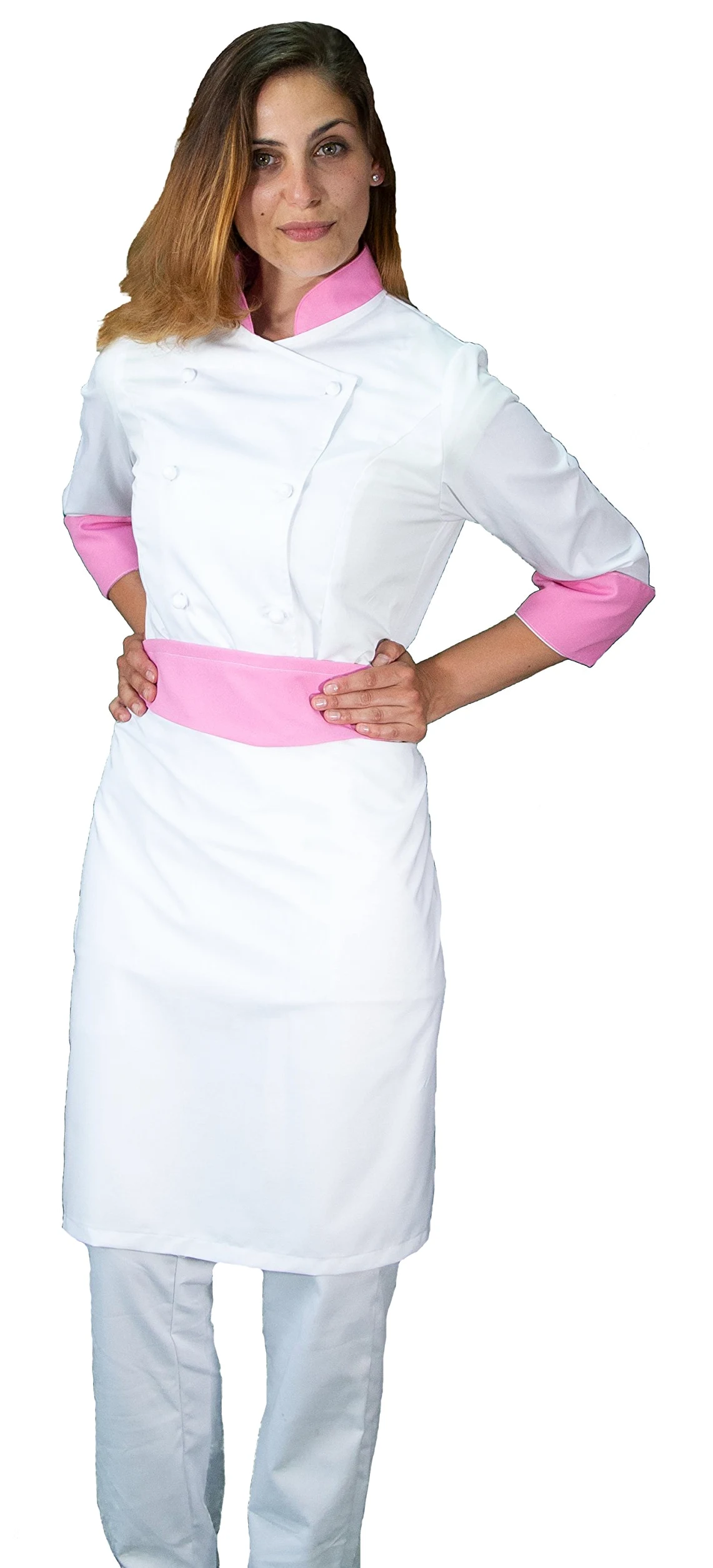 Bordado gratis - Conjunto de cocinero para mujer, blanco y rosa, uniforme de cocinero personalizable, chaqueta, pantalones y delantal - Uniforme para cocina y restaurante - Made in