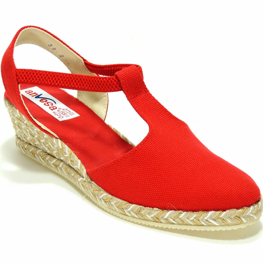 Alpargatas Valencianas Zapatillas para Mujer. Marca ANVESA 419. Cuña de Esparto Cáñamo y Yute - Marca Sevillas - Ajuste con Elástico Rojo Talla 39