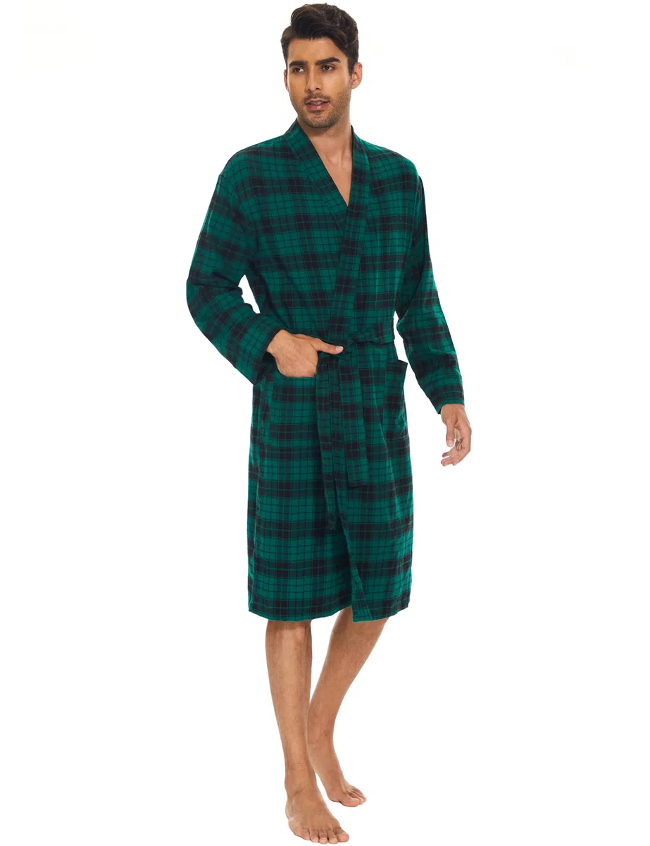 Zerbala Bata de baño de franela para hombre, hasta la rodilla, a cuadros