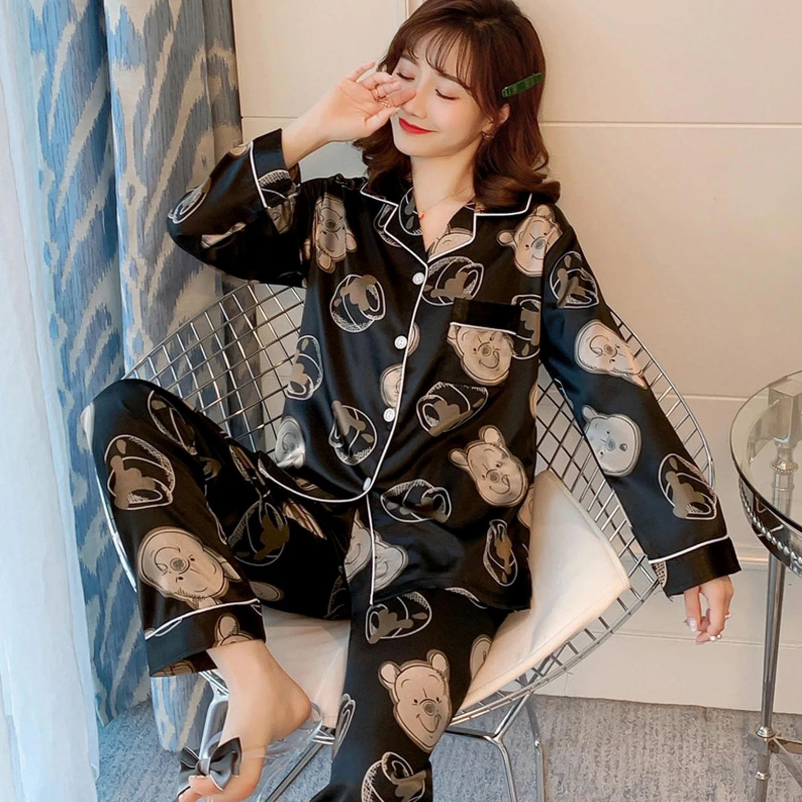 MOGSA Pijama para mujer, conjunto de pijama para mujer, cuello en V, diseño de letras cruzadas, ropa de dormir de seda como ropa para el hogar, talla XXL, ropa de dormir de tamaño grande