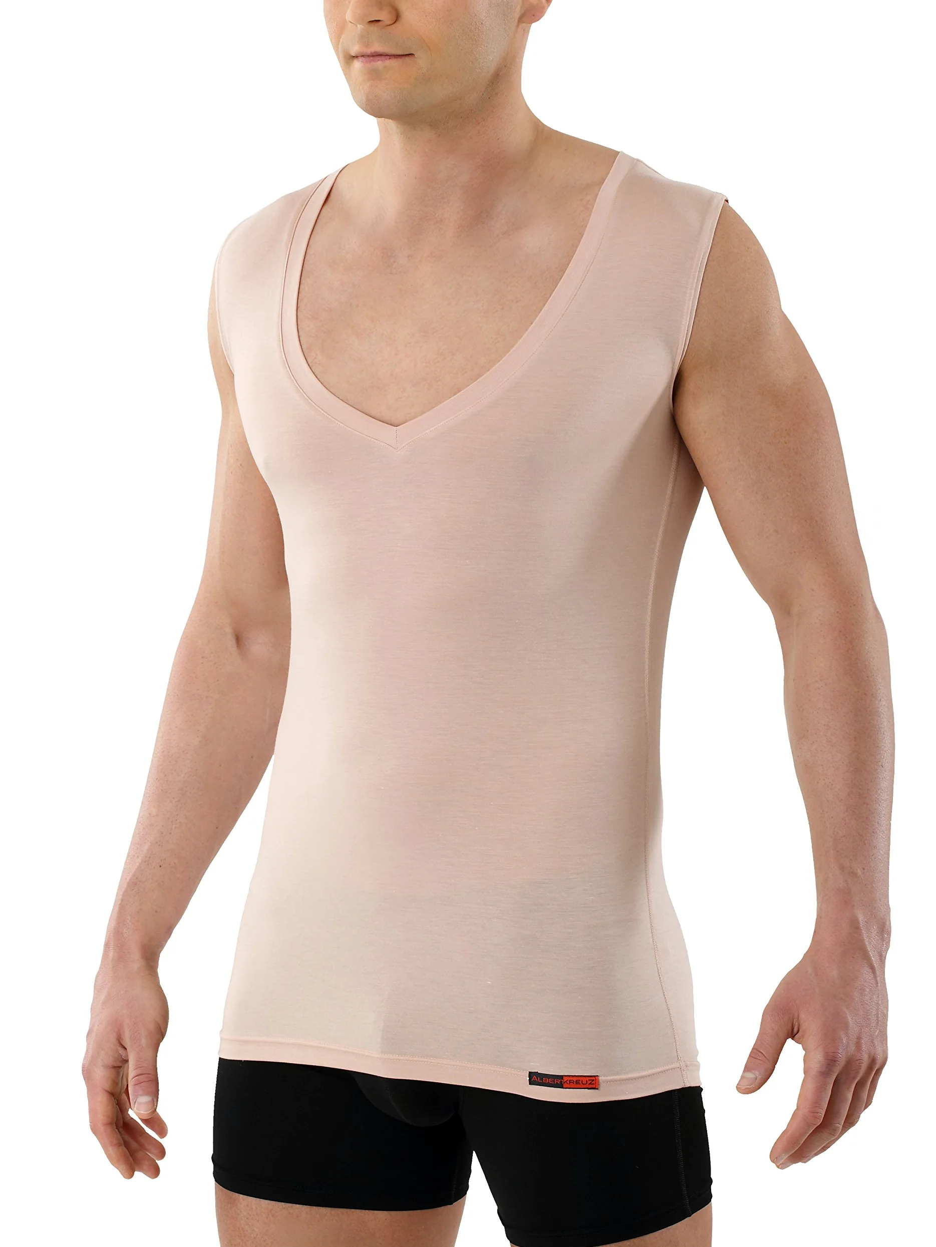 ALBERT KREUZ Camiseta Interior Invisible Color Carne para Hombre con Cuello de Pico Extra-Profundo, sin mangay y de Micromodal elálstico Muy Suave y Ligero