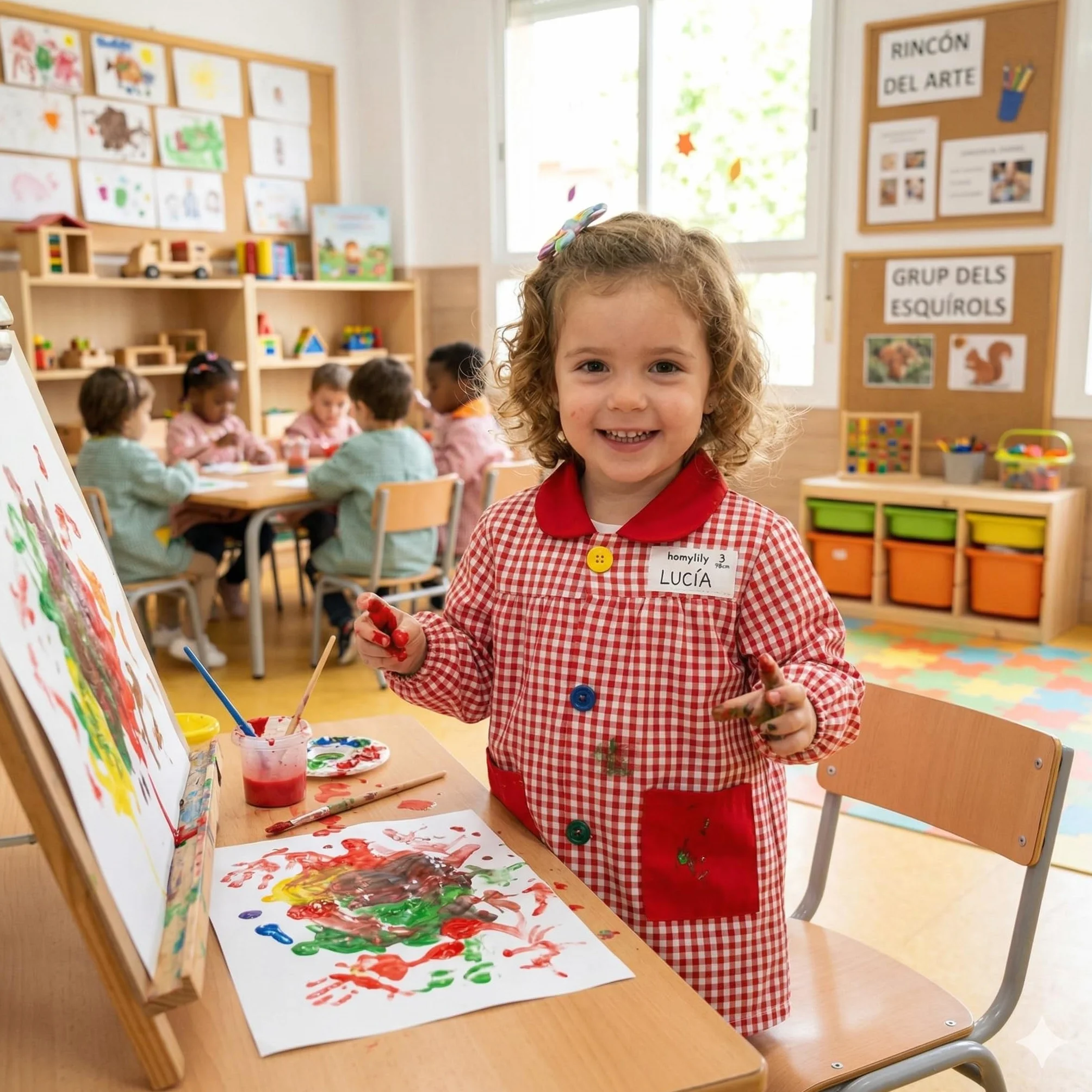 Bata escolar infantil HOMYBABY® con botones para guardería y colegio - Fácil de poner y quitar con bolsillos y puños cerrados (Rojo, Talla 1)
