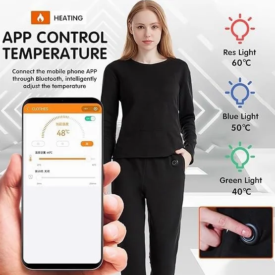 Conjunto de Ropa Interior térmica con calefacción para Mujer, Conjunto de Ropa Interior térmica eléctrica con calefacción por USB de 22 Zonas para Mujer para Interiores, Exteriores y Deportes