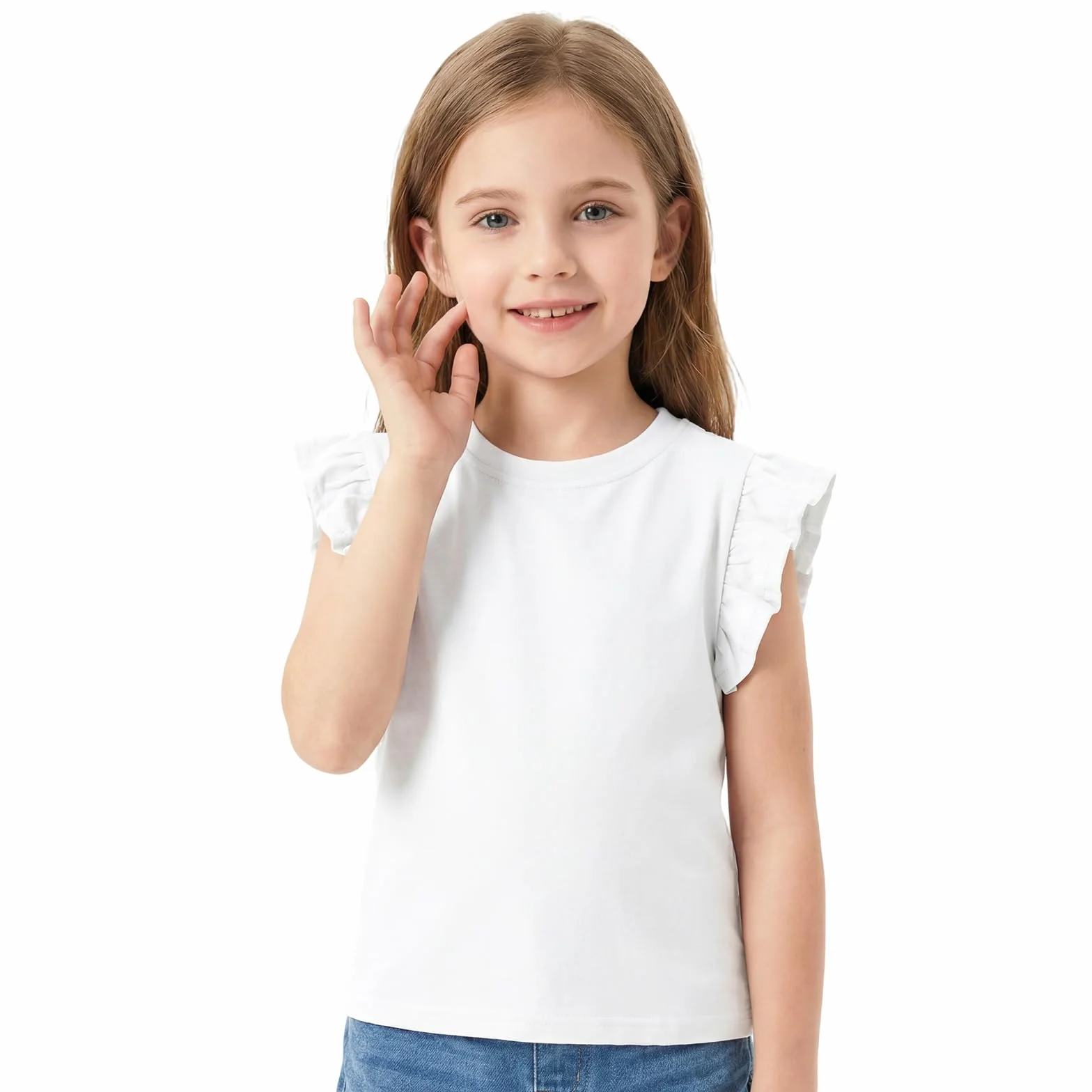 JinBei Camiseta Niña Manga Corta Verano Algodón Cuello Redondo Tops Manga con Volantes Camisetas Niñas Cómoda Suave T-Shirt Elegante Casual Deportes Escuela Ropa Color Sólido, 3-11 Años