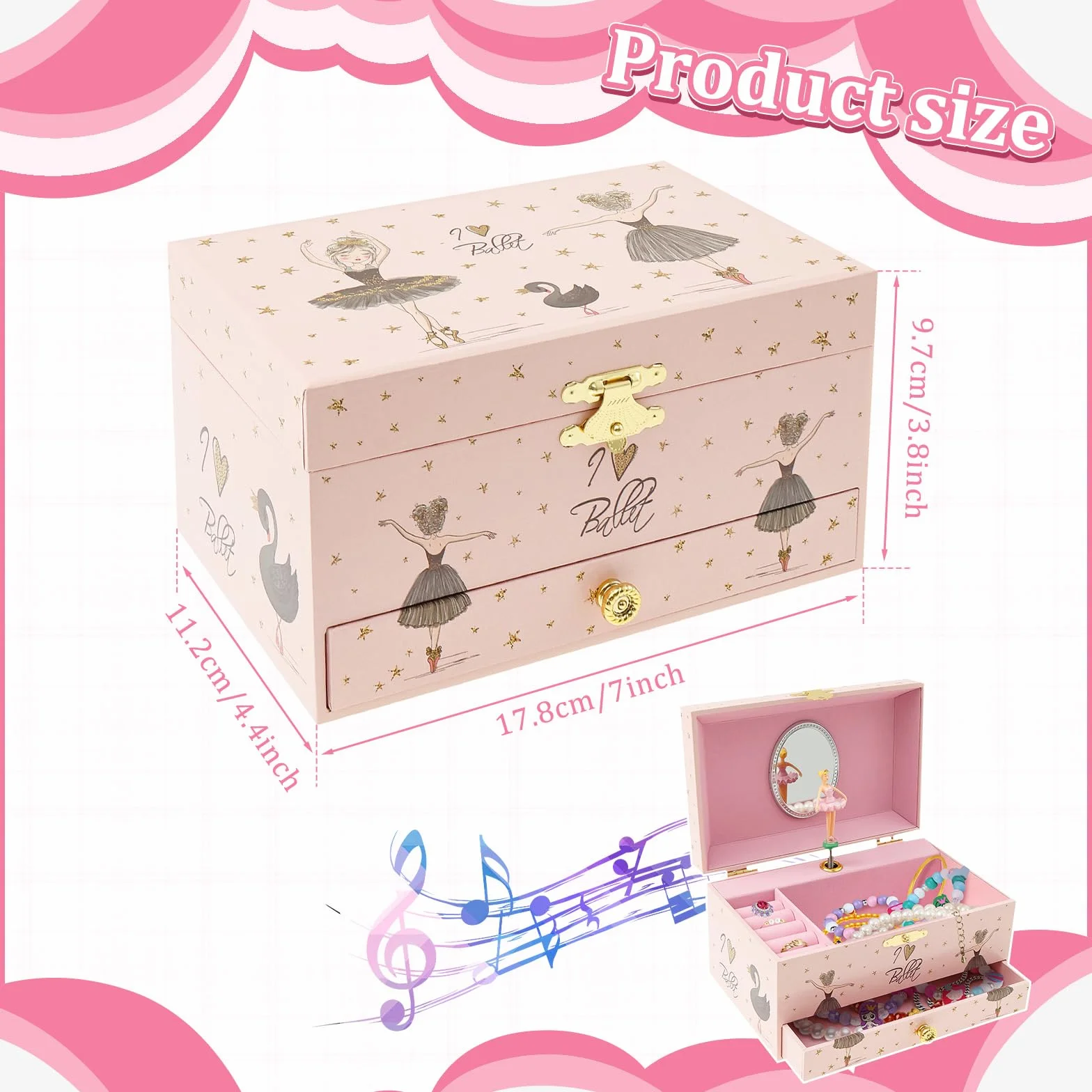 Joyero niña Joyero musical para niños, caja de música con unicornio giratorio, para niñas y niños, con espejo, regalo de cumpleaños (niña de ballet rosa y negro)