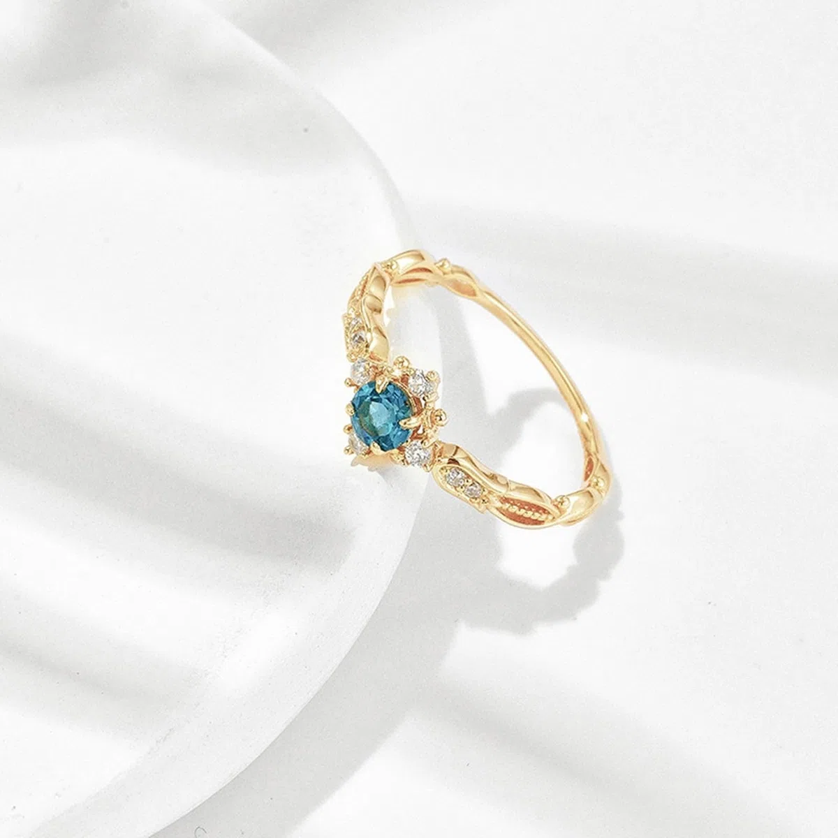 Anillo de boda de oro amarillo de 9 K/14 K/18 K con topacio azul, anillos retro para parejas
