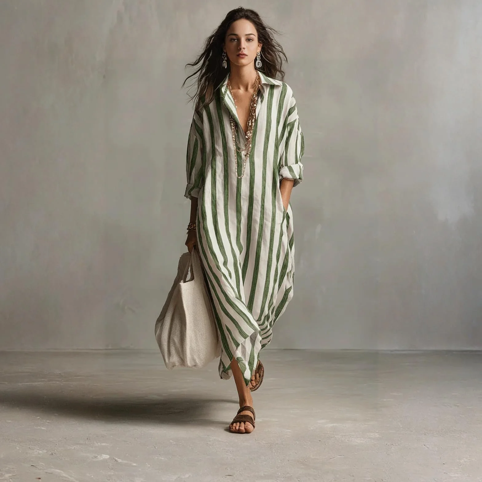 MOKBAY Vestidos Verano Mujer Cuello V Manga Larga Boho Elegante Summer Dresses for Women Beach Casual Dress