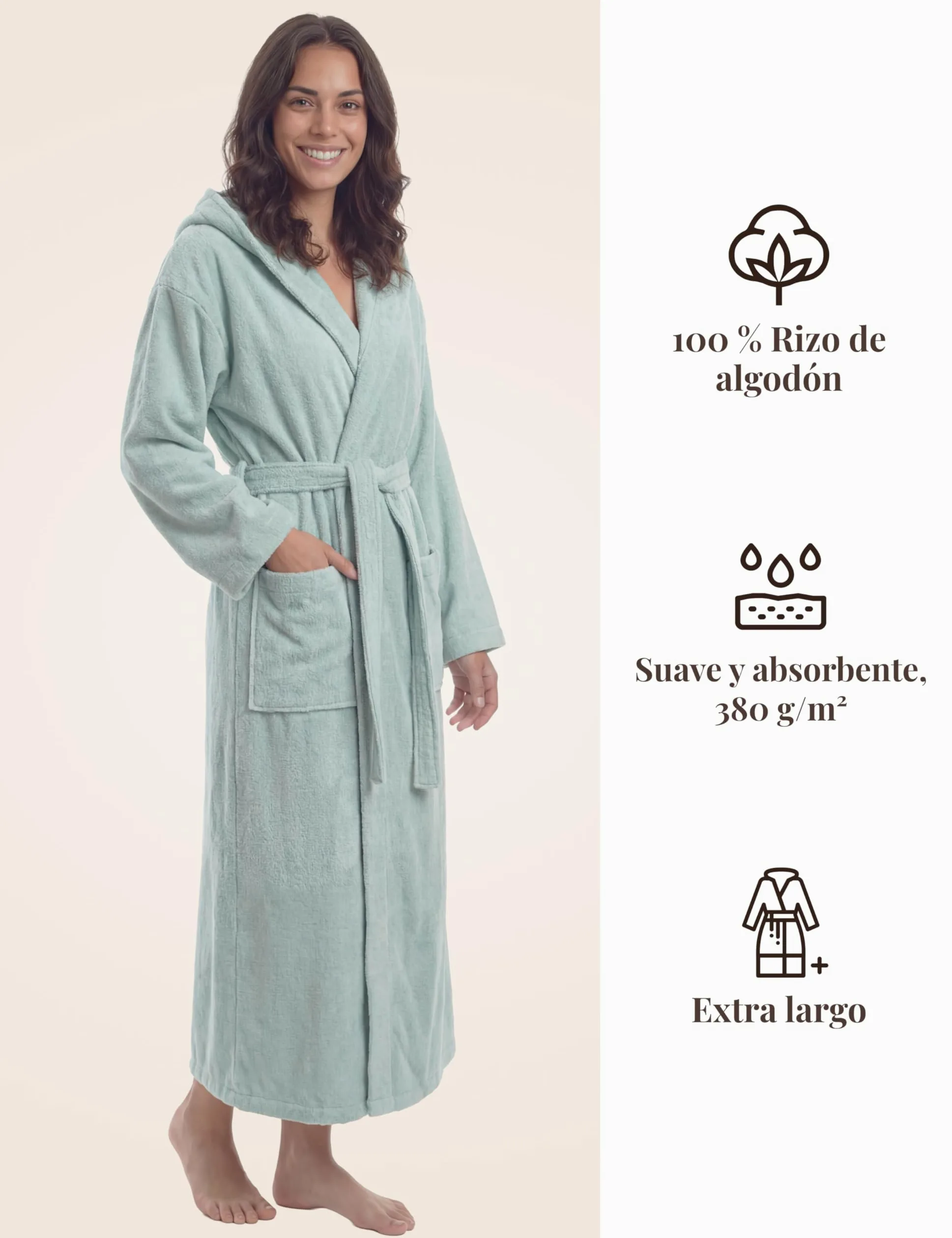 Albornoz Mujer Extra Largo con Capucha – 100% Algodón Rizo 380 g/m² – Bata de Baño Sauna y Spa, Hasta los Tobillos, Suave, Absorbente, Tallas S–XXL