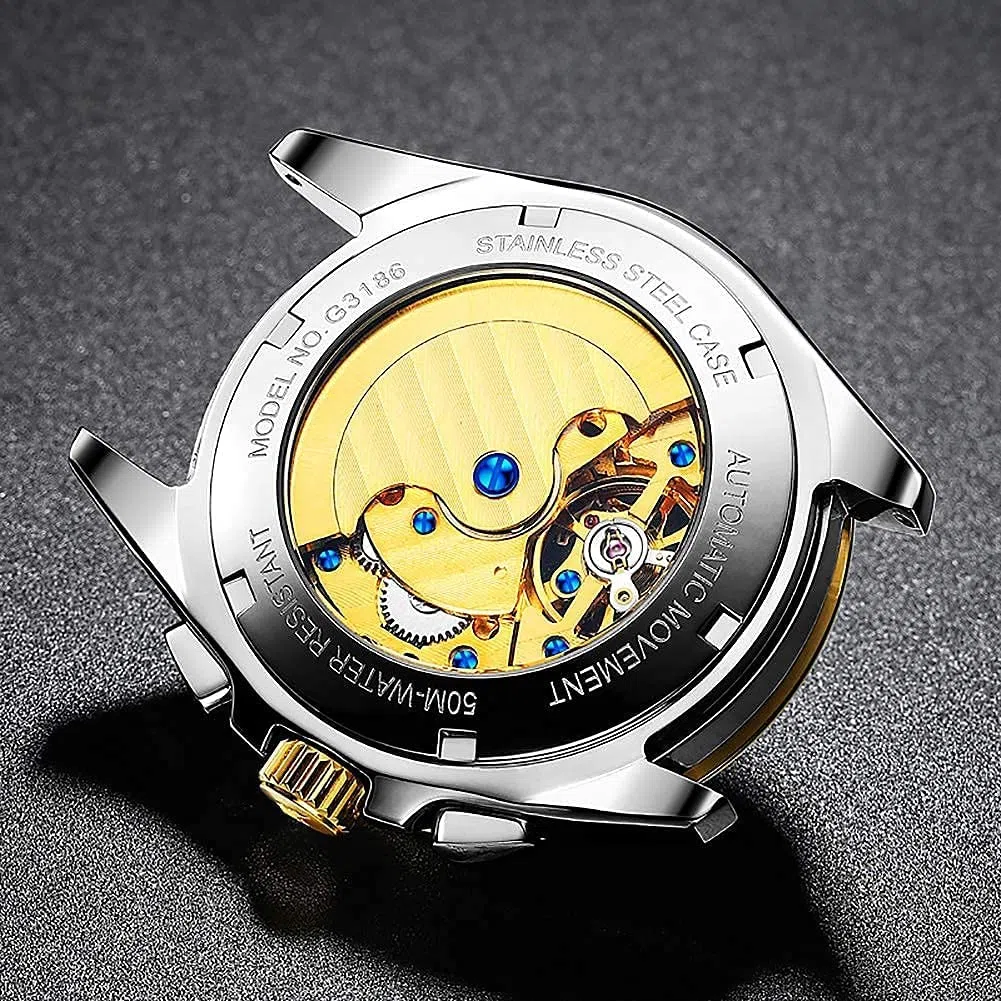 OUPINKE - Relojes para hombre, diseño de esqueleto, automático, mecánico, premium, con calendario, cristal de zafiro, acero de tungsteno, resistente al agua, reloj de pulsera, Verde