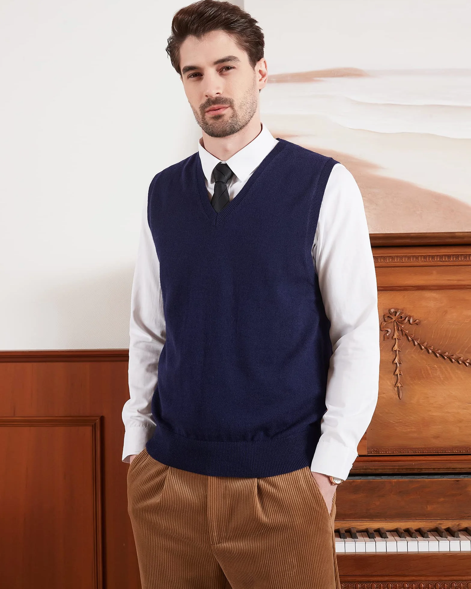 Kallspin Chalecos de Lana Mixta para Hombre Corte Relajado Cuello en V Jersey sin Mangas