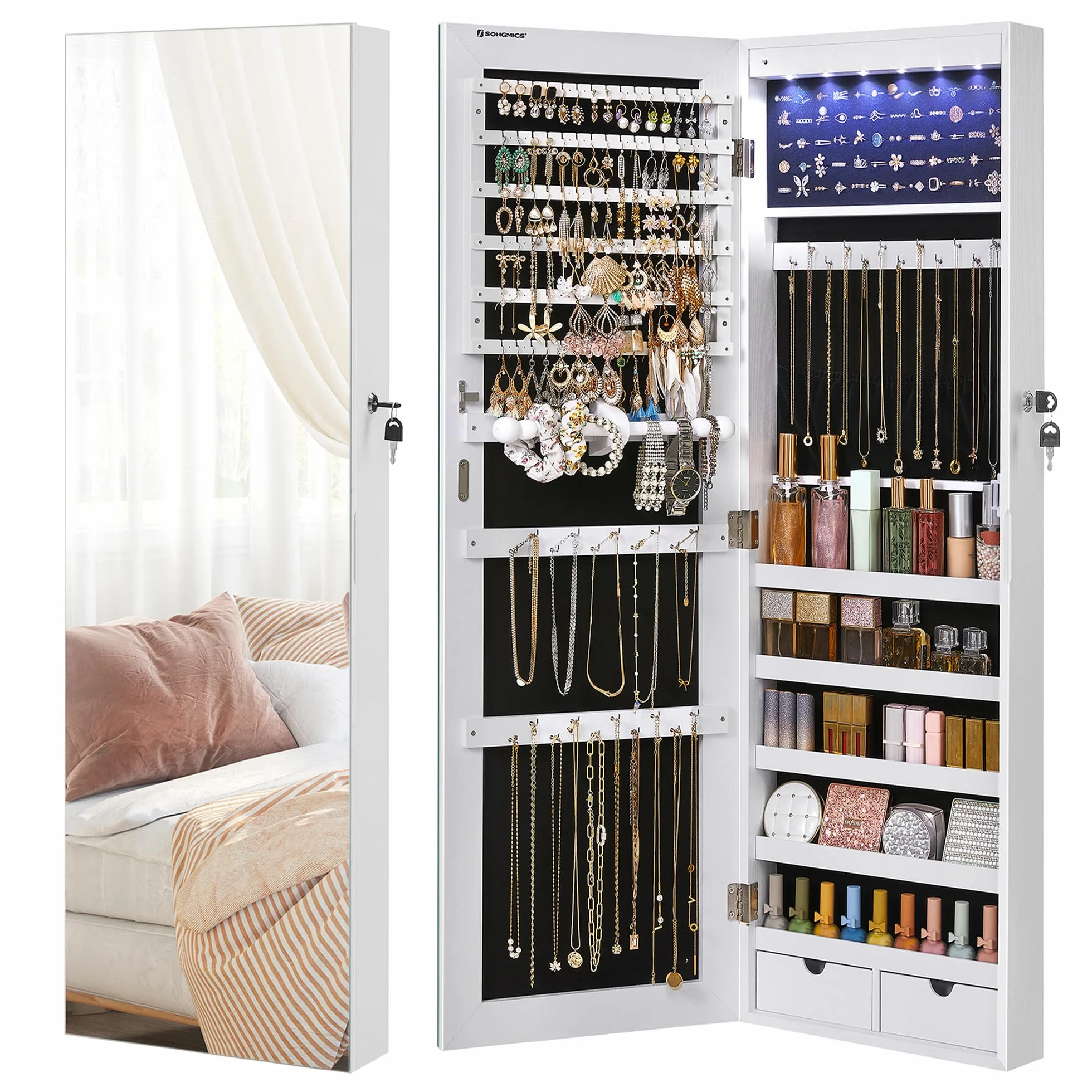 SONGMICS Espejo Joyero de Pared, Espejo Joyero Colgante sin Marco, Armario de Joyas con 6 LEDs para Colgar en la Pared o en la Puerta, Gran Capacidad con 2 Cajones, Blanco JJC99WT