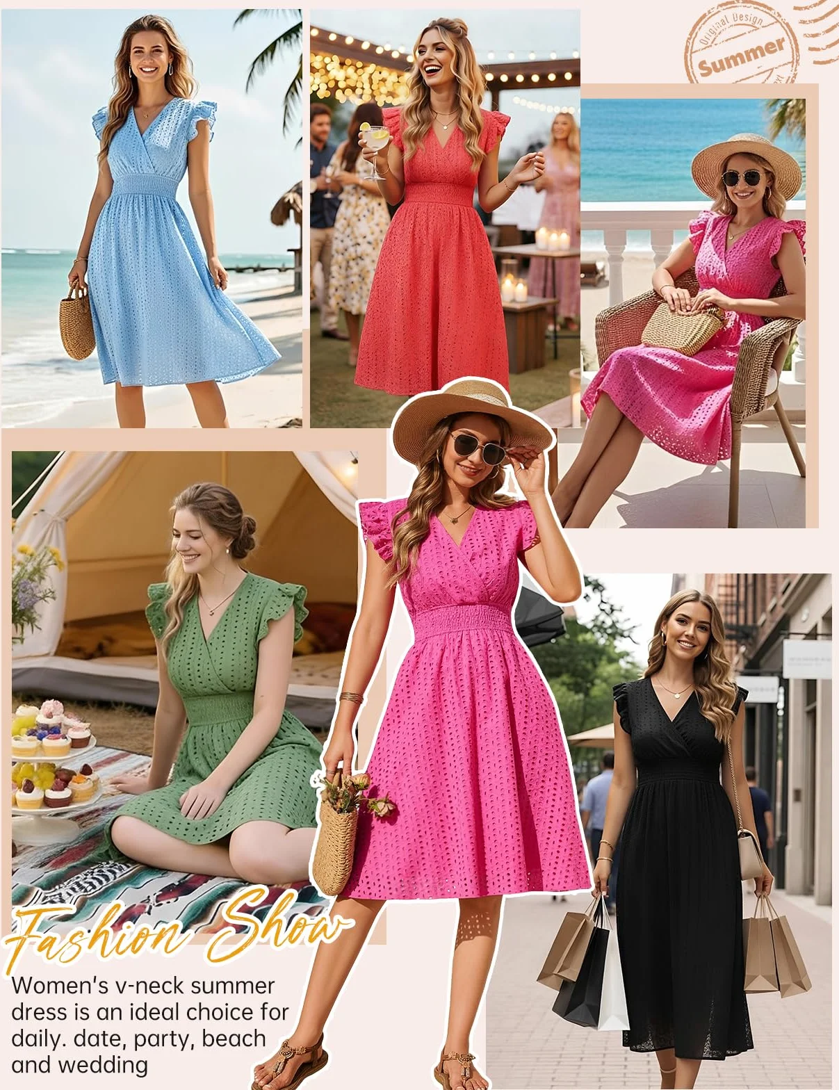 Vestidos Verano Mujer Sin Mangas Corto Cuello en V Algodón Elegante Dress Manga Volantes Cintura Alta Elástica Mini Playa Sueltos Casual Bolsillos