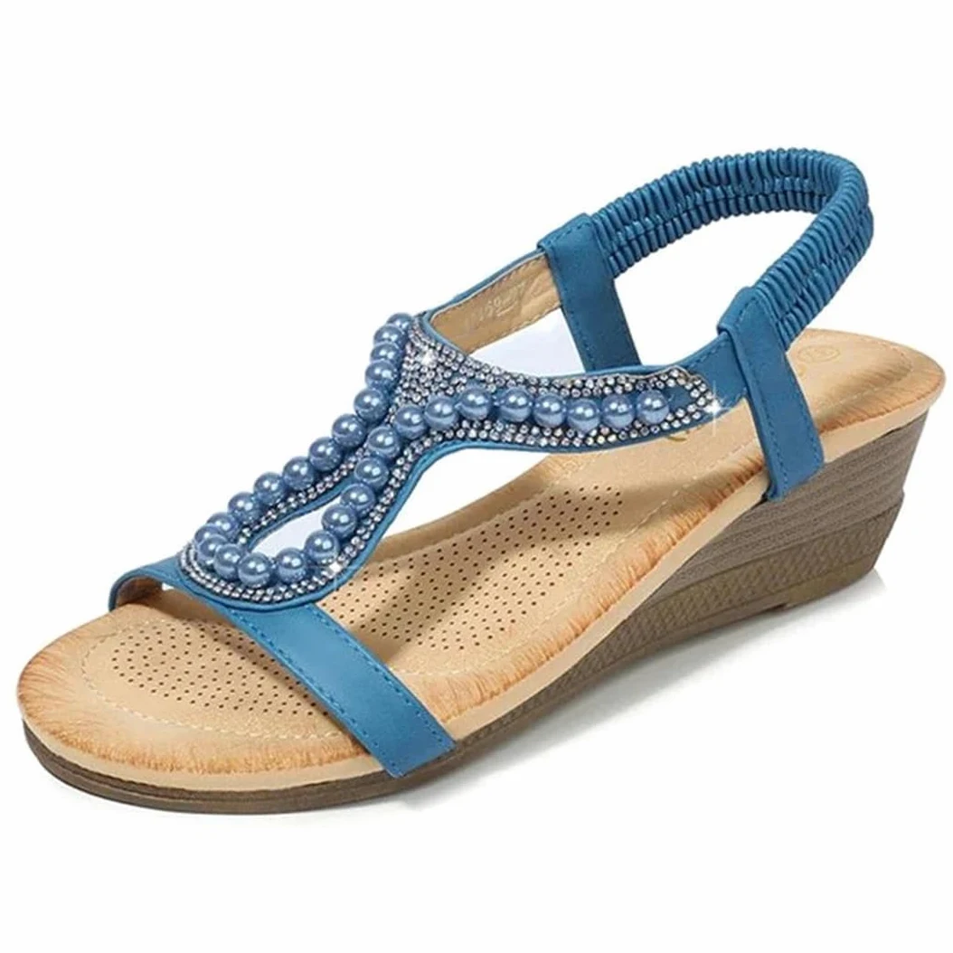 Sandalias de gladiador con banda elástica delantera y trasera para mujer, tacón de cuña, parte superior de poliuretano, cuentas de diamante