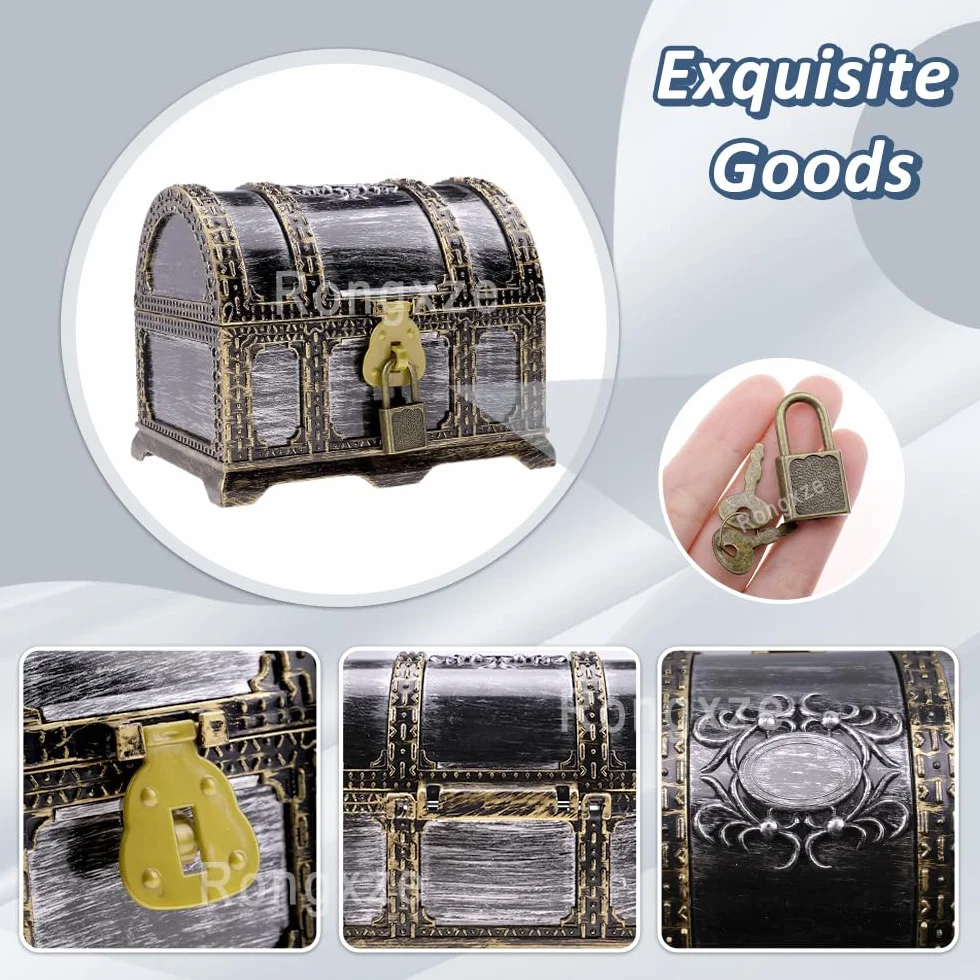 Cofre del Tesoro Pirata Vintage con Cerradura 14x10.5x11cm Plástico para Regalos Fiestas