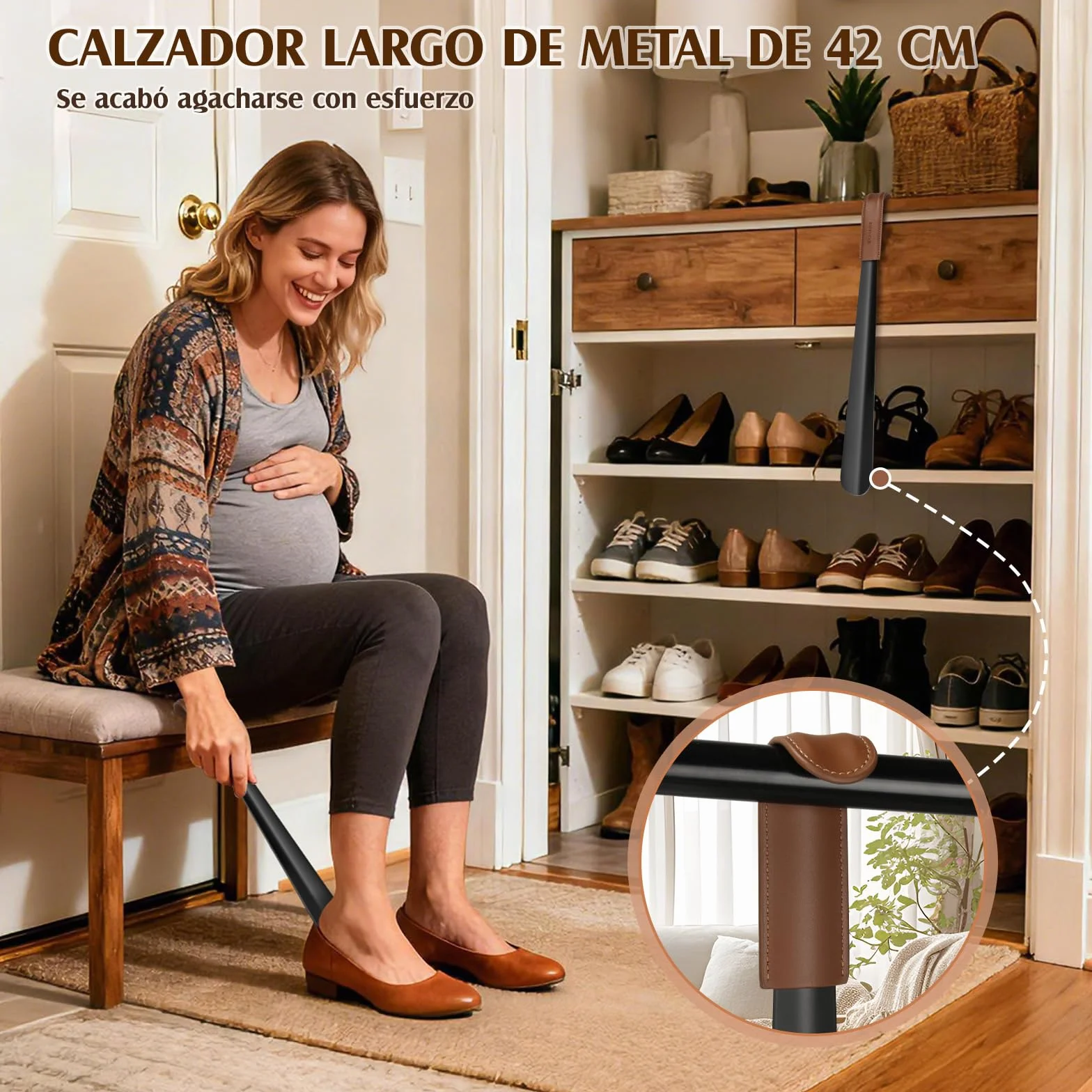 ZOMAKE Calzador de Acero Inoxidable Largo 42CM Mango de Cuero Negro 1 Pieza