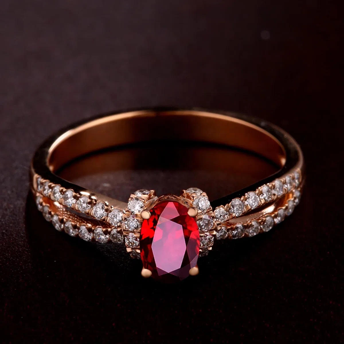 Anillo de mujer vintage, anillos de mujer de oro rosa de 18 quilates de 0,57 ct con diamante y rubí redondos de dos hilos rojos, ovalado, alianzas de compromiso para mujer
