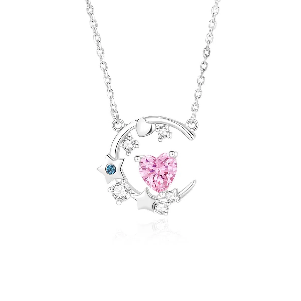 Collar de oro de 9/14/18 quilates para mujer, collar con colgante de estrella de luna con forma de corazón creado zafiro moissanita topacio oro real