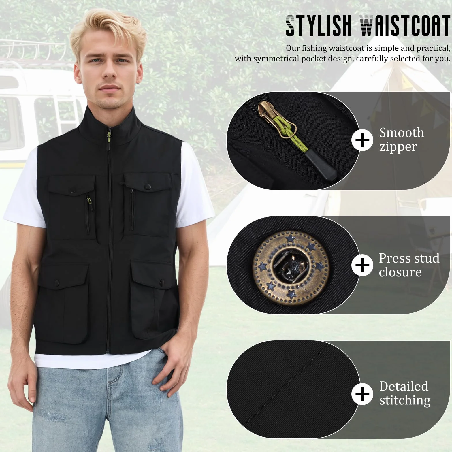 Chaleco de Pesca para Hombre con Múltiples Bolsillos Chaleco Informal Ligero Transpirable Fotografía de Viajes al aire Libre Chaqueta sin Mangas