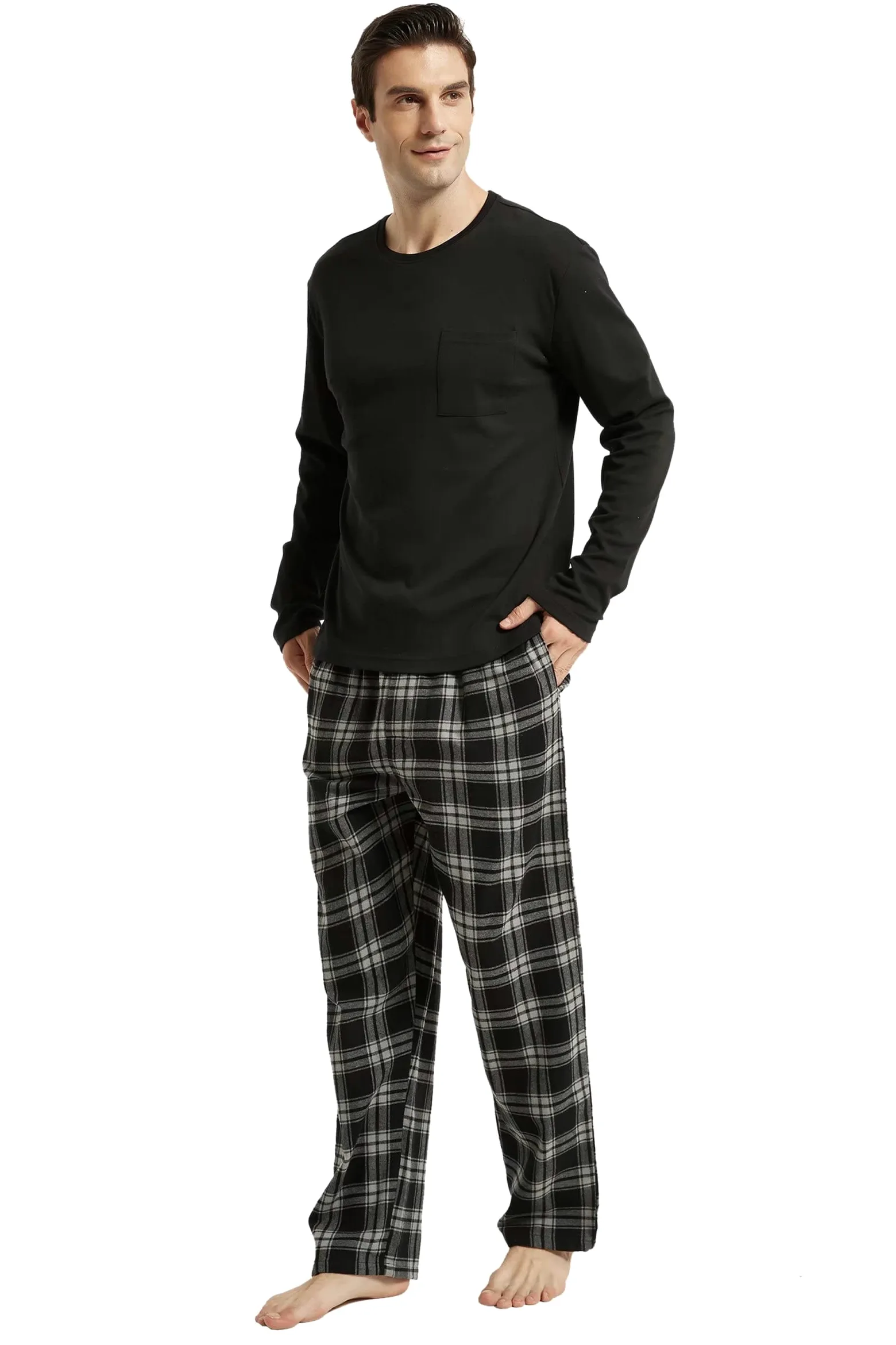 Amaxer Pijama de Dos Piezas Hombre, Conjunto de Pijama de Franela, Ropa de Dormir, Camiseta de Manga Larga con Bolsillos, Pantalones de Pijama con cordón