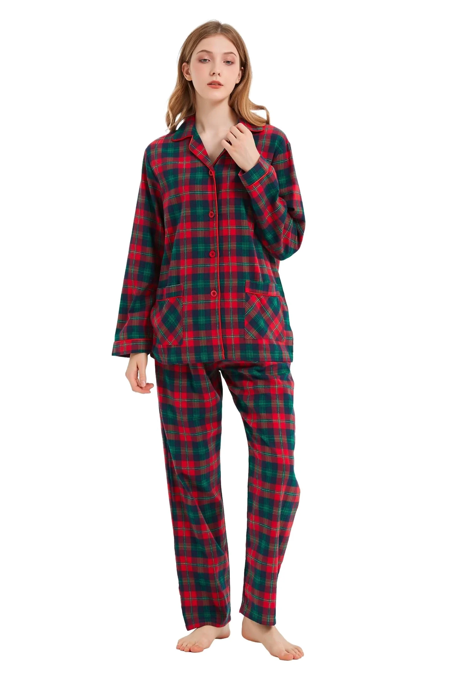Conjunto de pijama de franela de algodón 100% para mujer, teñido en hilo, acogedor pijama de manga larga para el invierno