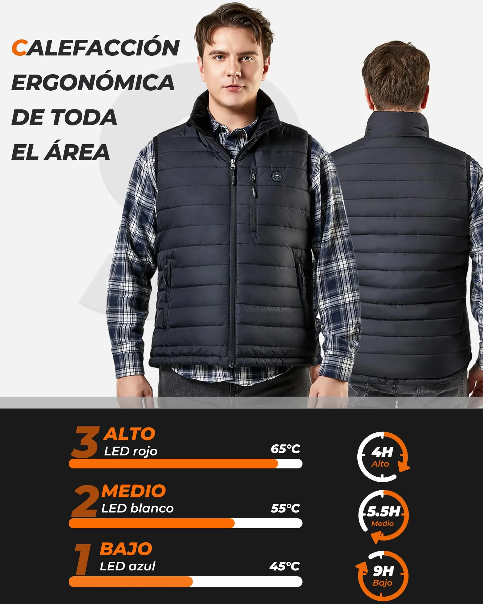 Chaleco Calefactable Hombre con Bateria de 16000mAh - Chaleco Calefactable con 9 Zonas de Calefacción y 3 Temperaturas Ajustables, Chaleco Calefactable para Actividades al Aire Libre