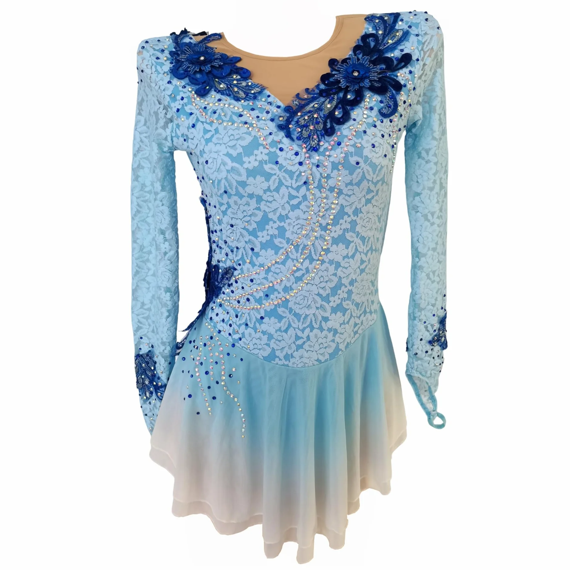 LIUHUO Vestido de patinaje artístico Falda degradado de encaje azul para niñas Rendimiento de competición