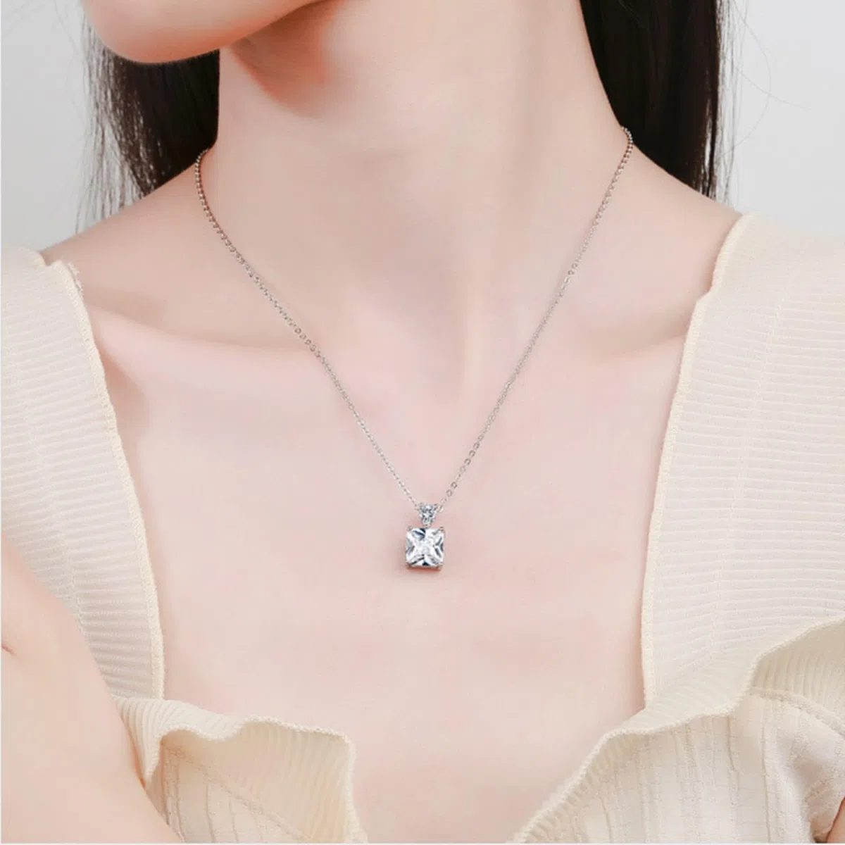 KnSam Cadena de oro auténtico para mujer de oro blanco de 18 quilates 750, collar clásico con laboratorio creado con diamante de corte cuadrado, cadena para mujer Au750 oro, plata, 45 + 5 cm