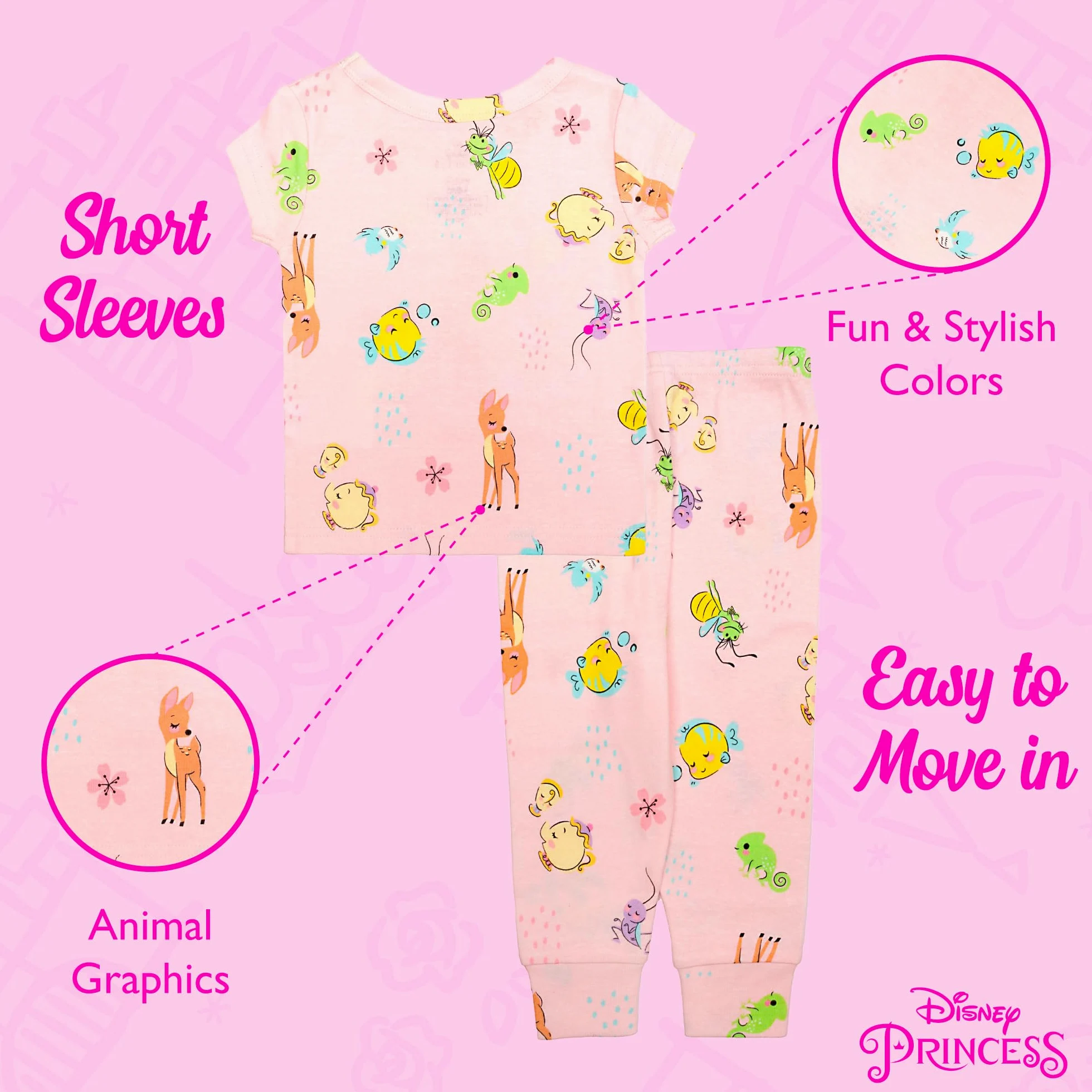 Disney Conjunto de pijama de algodón de 2 piezas, suave y bonito para niños, conjunto de pijama para niñas