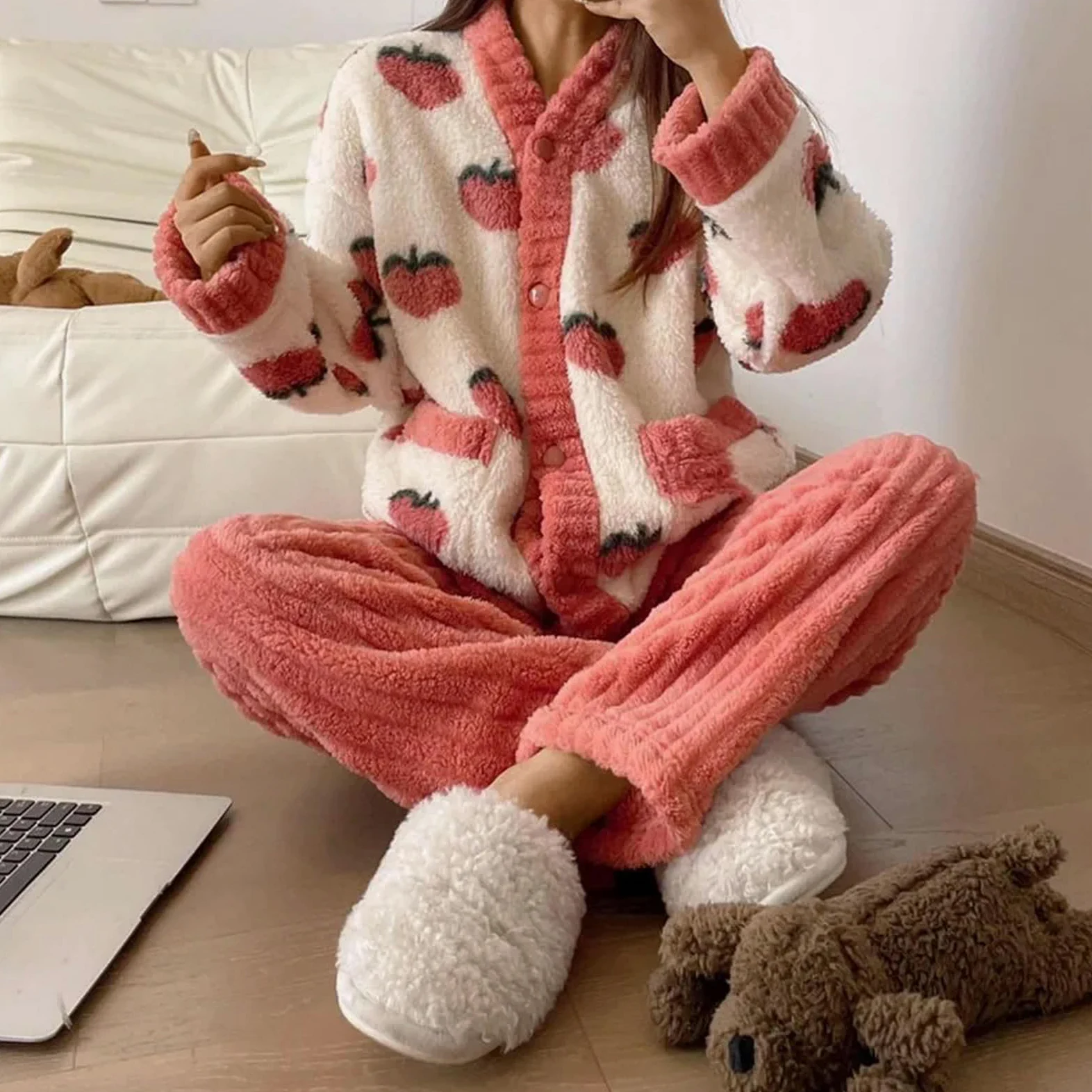 MdybF Pijama Mujer Mujeres Pajamas Sets Autumn Winter Winter Cálido Espeso Homewear De Manga Larga Cartoon Sleepwear Pajamas Traje