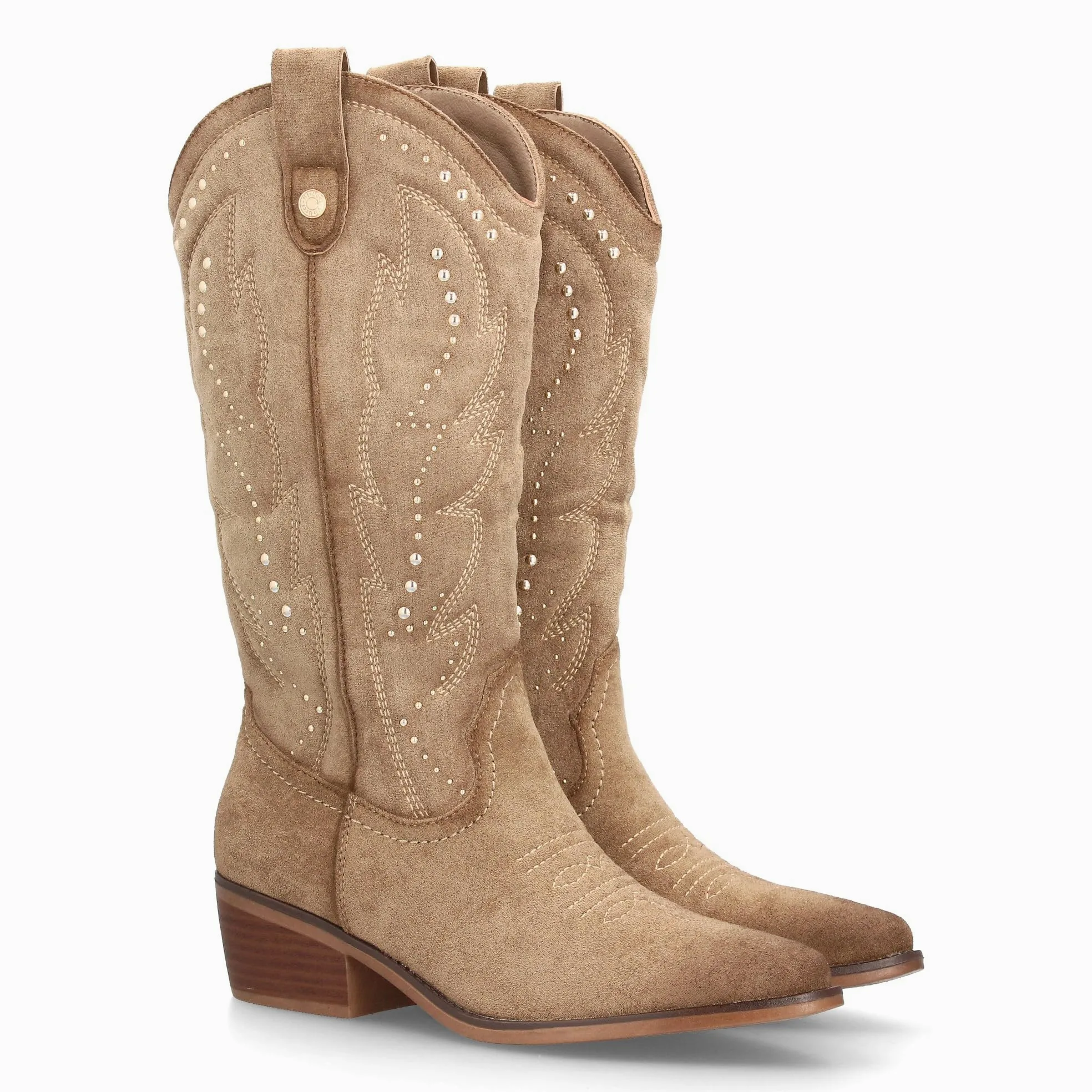 Botas Cowboy de Mujer Estilo Western con Diseno Elegante. Cana Alta con Bordados Decorativos y Tachuelas metalicas. Tacon Ancho de Altura Media, Punta Fina. Ideal Otono Invierno.