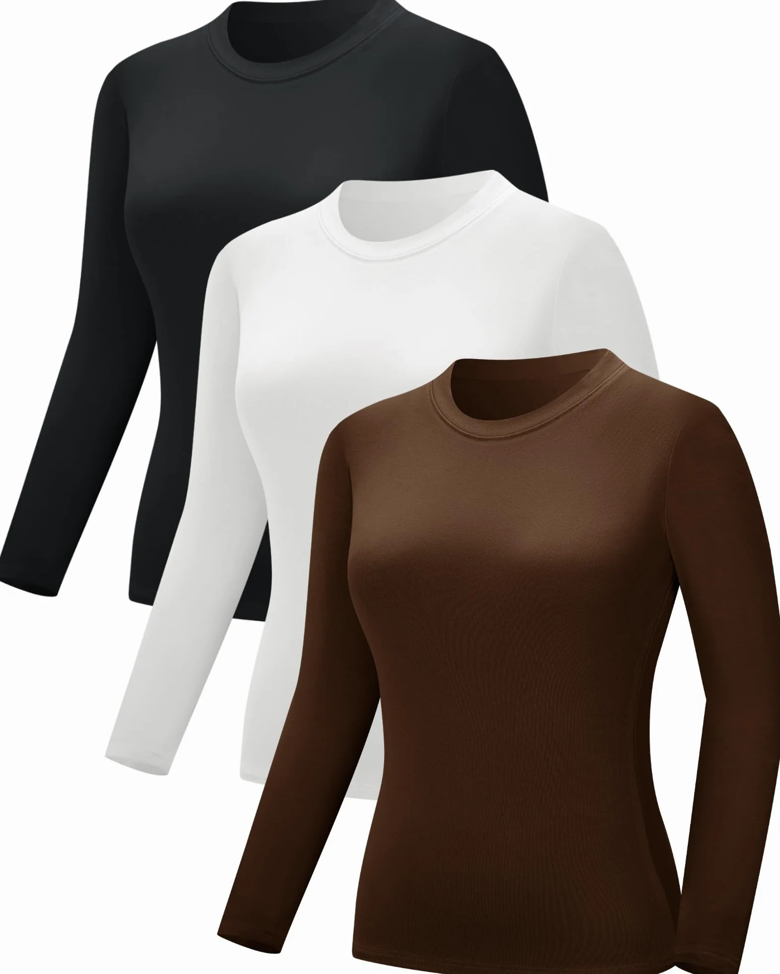Paquete de 3 camisetas térmicas para mujer, camisetas de manga larga para mujer, cuello redondo, ropa interior térmica acanalada, ajustada, camiseta básica sin botones