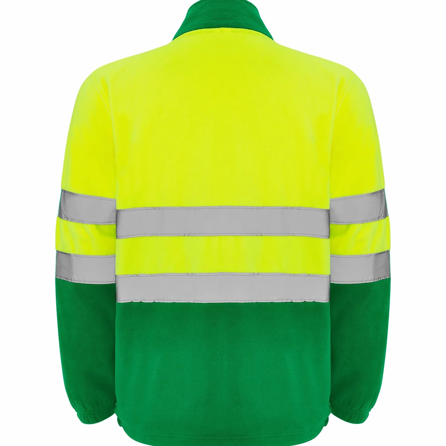 Chaqueta polar alta visibilidad adulto con cintas reflectantes, cremallera completa, bolsillos frontales y pecho, 100% poliéster