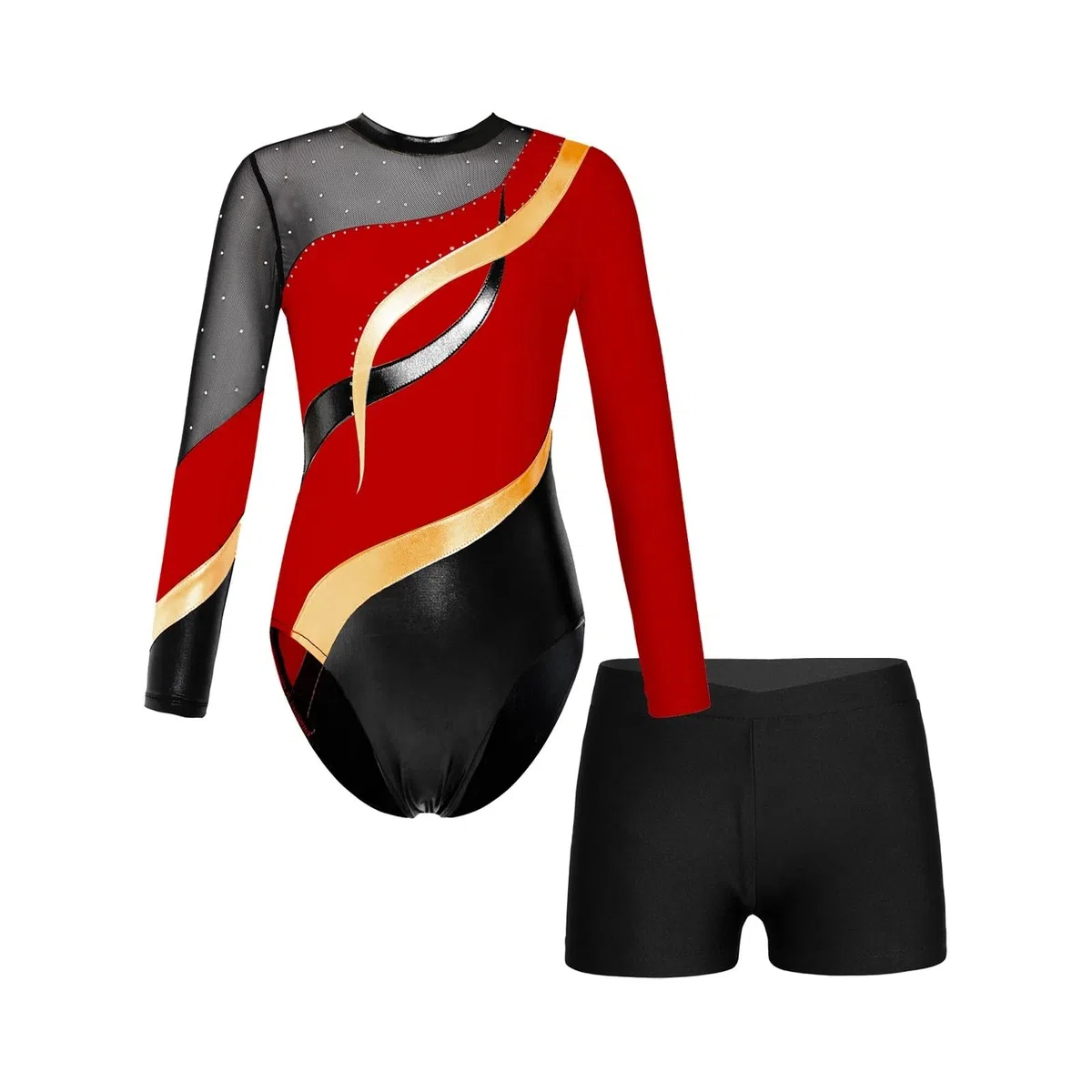 Leotardo para Competición de Gimnasia Leotardos de gimnasia for niñas, leotardos bronceadores de manga larga, vestido de Ballet, ropa de práctica de baile(Red,8)