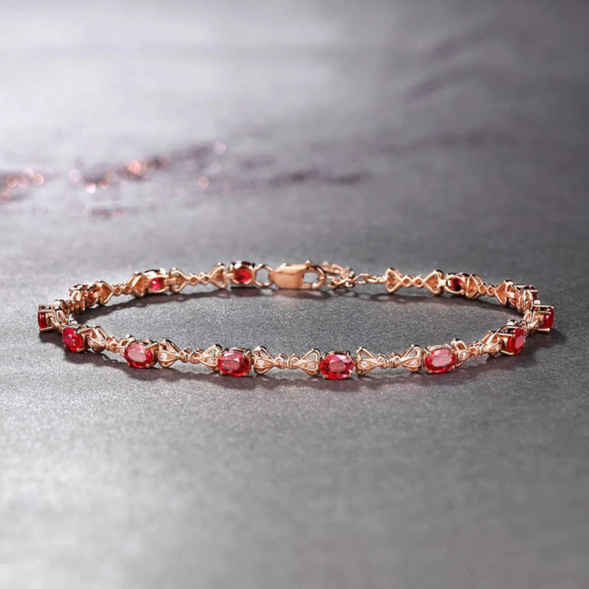 ZH1YFD Pulsera de Cadena de rubíes de Oro Rosa, Pulseras de Mujer con eslabones de Barra y Pulsera de rubí de 2,6 Quilates de 17 CM