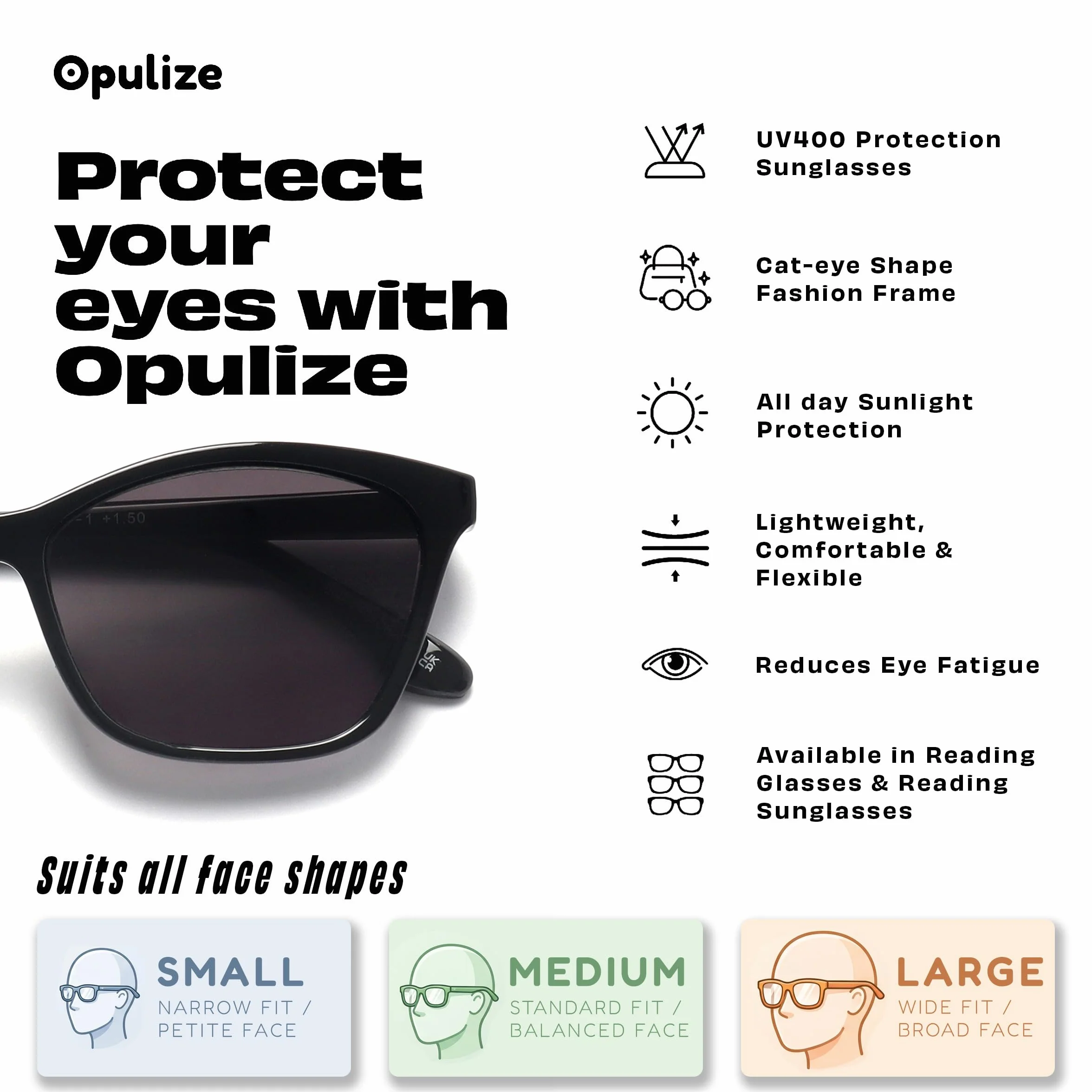 OPULIZE Gafas de Sol Montura Ojo de Gato Negro Bisagras de Muelle S59-1