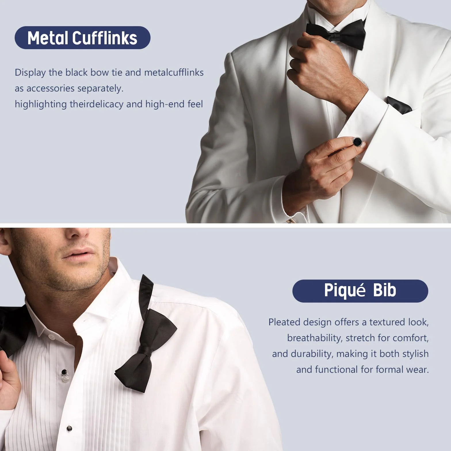 Gollnwe Camisa de Esmoquin para Hombre, Cuello de ala, puños franceses con Gemelos y Pajarita