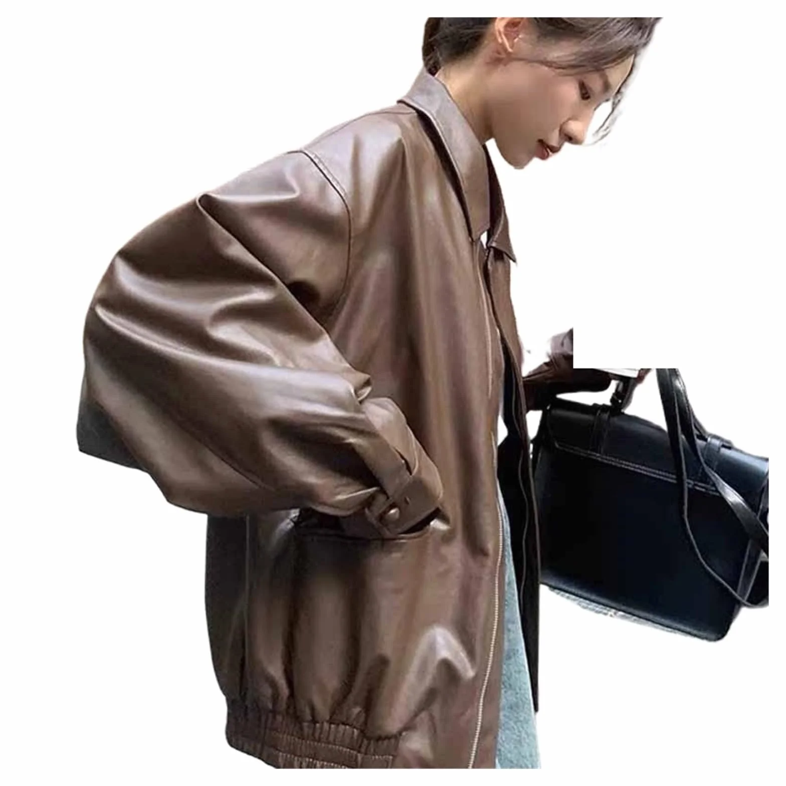 Chaqueta Cuero Mujer Women's Spring Autumn High Loose American Retro Motorcycle Top Para salir