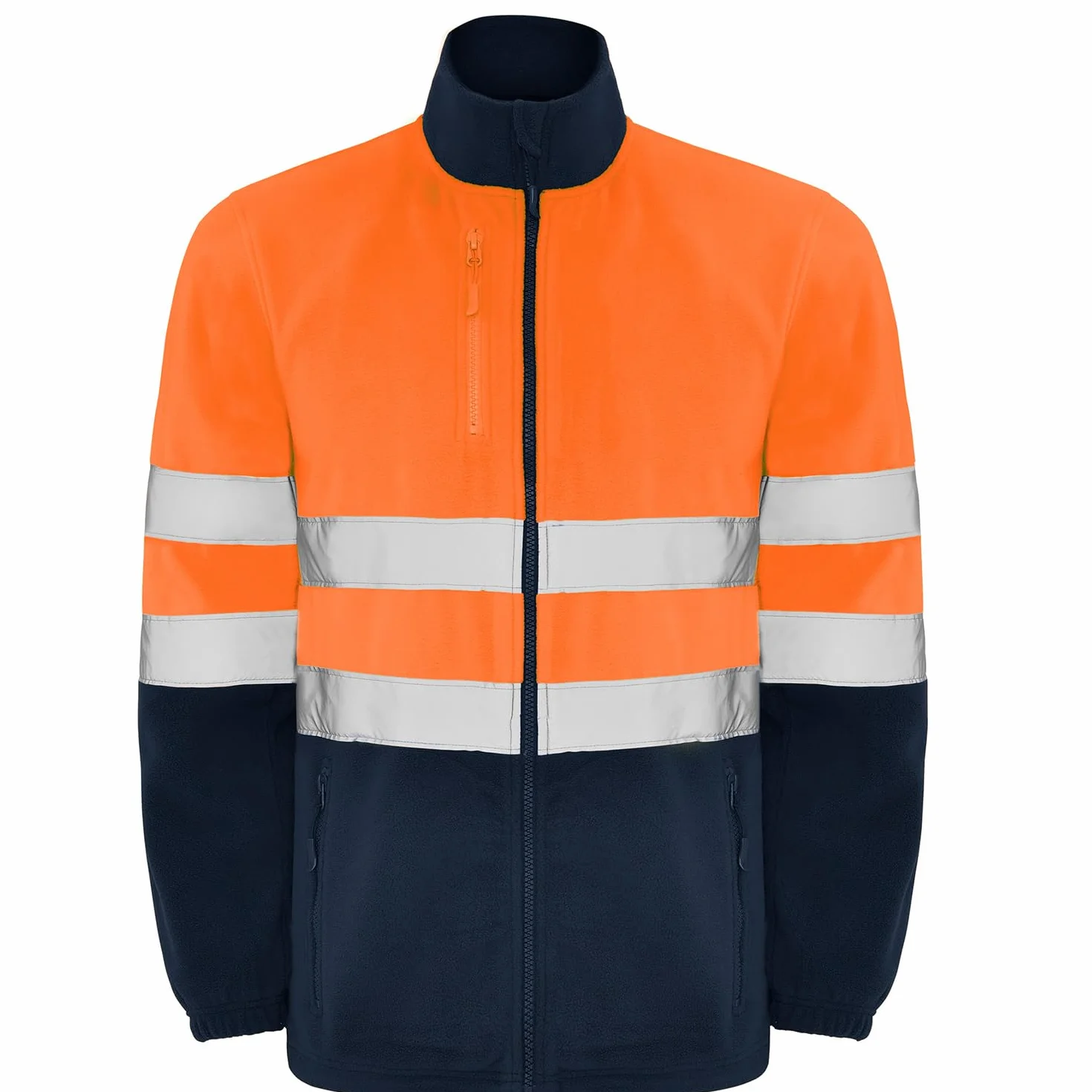 Chaqueta polar alta visibilidad adulto con cintas reflectantes, cremallera completa, bolsillos frontales y pecho, 100% poliéster