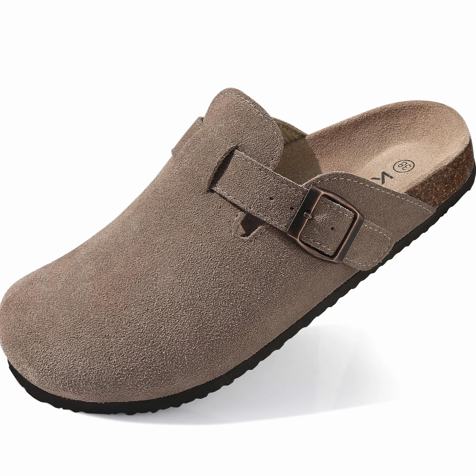 KIDMI Zuecos de gamuza auténtica para mujer, sandalias de piel con plantilla de corcho, zapatos de patata con soporte de arco | Soporte de arco, cómodo, de cuero, sin cordones, para otoño, casual, interior y exterior, suela de goma antideslizante