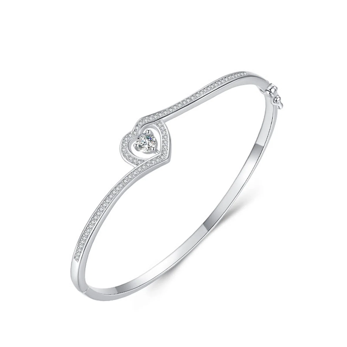 Brazaletes de Mujer Oro Blanco 9 K / 14 K / 18 K, Corazón Hueco con Moissanita, Cadena 16 CM, Pulseras Cadena Plata Mujer