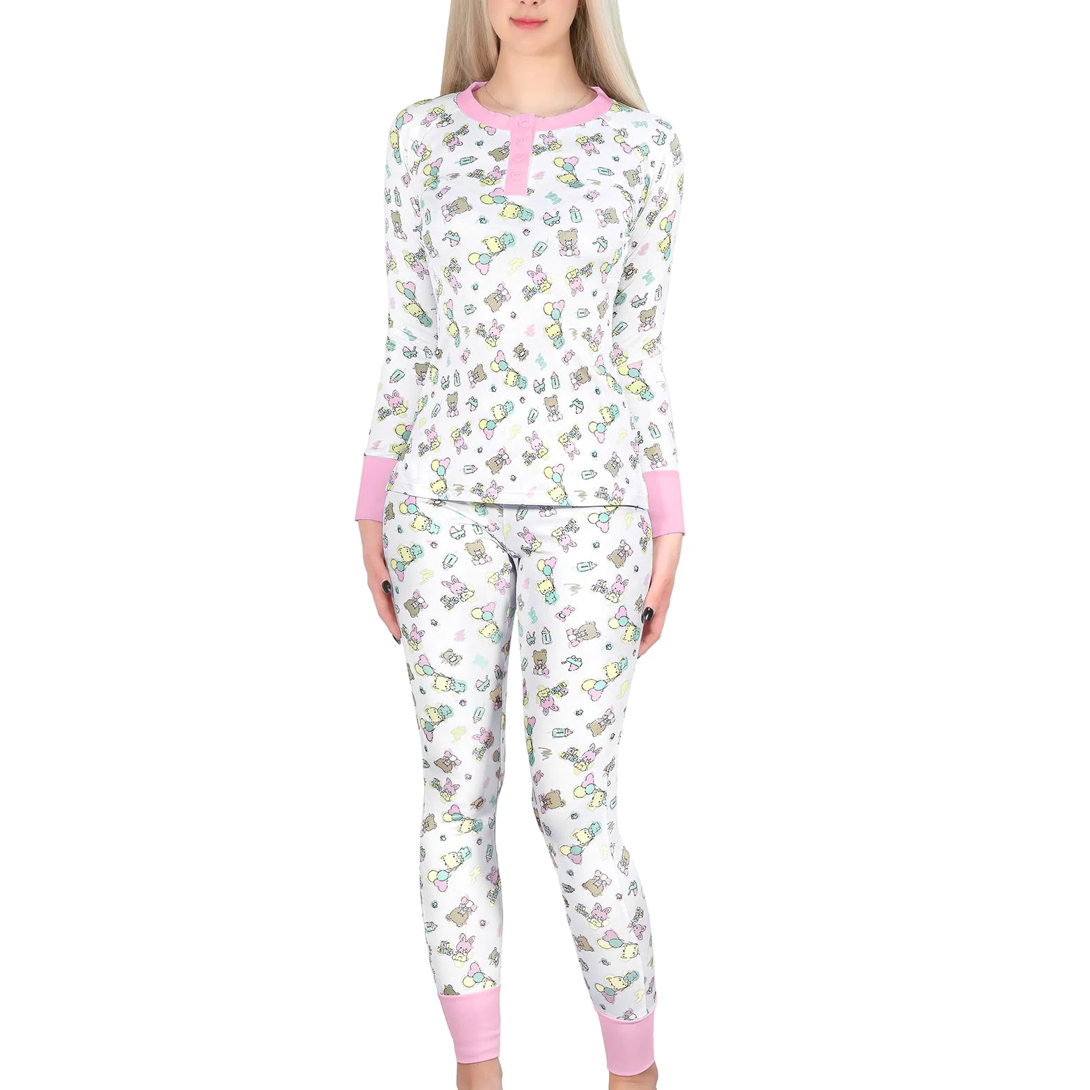 LittleForBig Dos Piezas Set de Pijama de Manga Larga para Mujer - Sedoso Suave, Cómodo Elástico y Transpirable Baby Cuties Temática Ropa de Dormir Rosa XXXXL