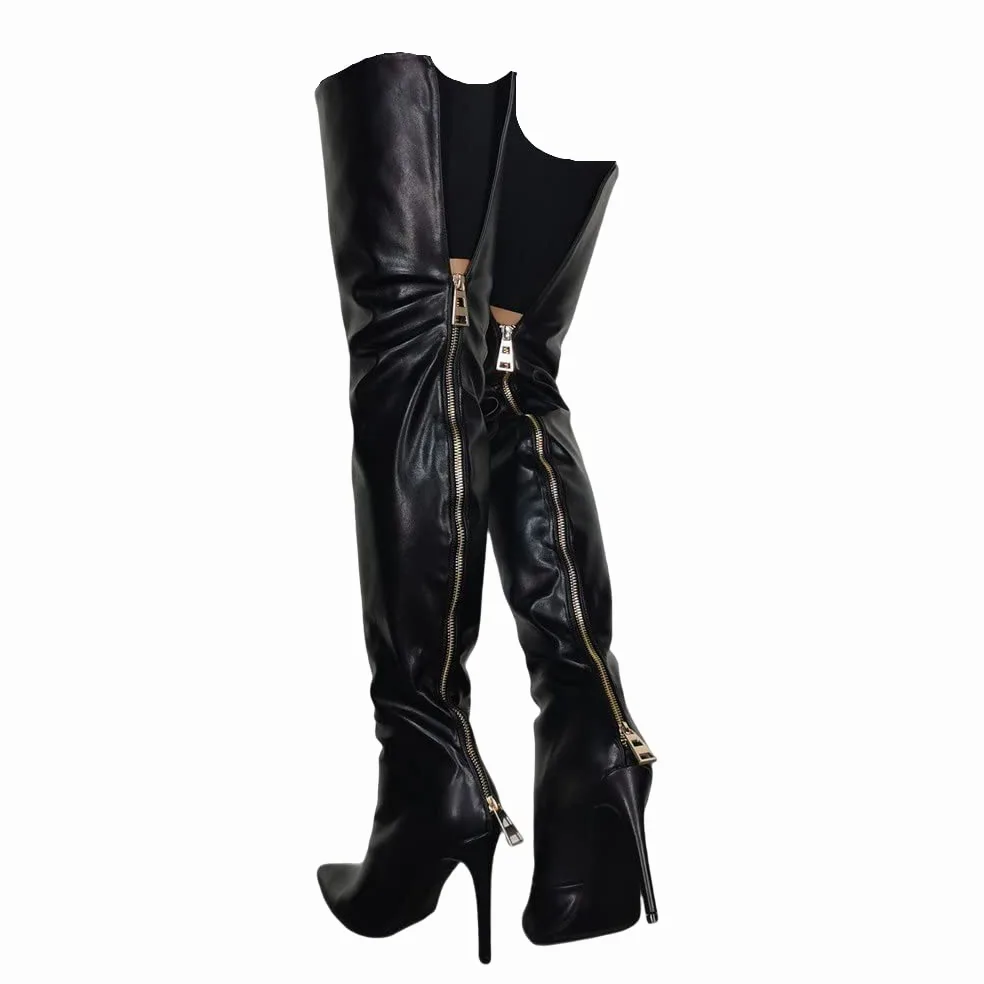 Frankie Hsu Botas de tacón alto por encima de la rodilla, color negro sólido, sexy, para niña, con cremallera trasera dorada, talla grande, diseño de botas largas para mujer