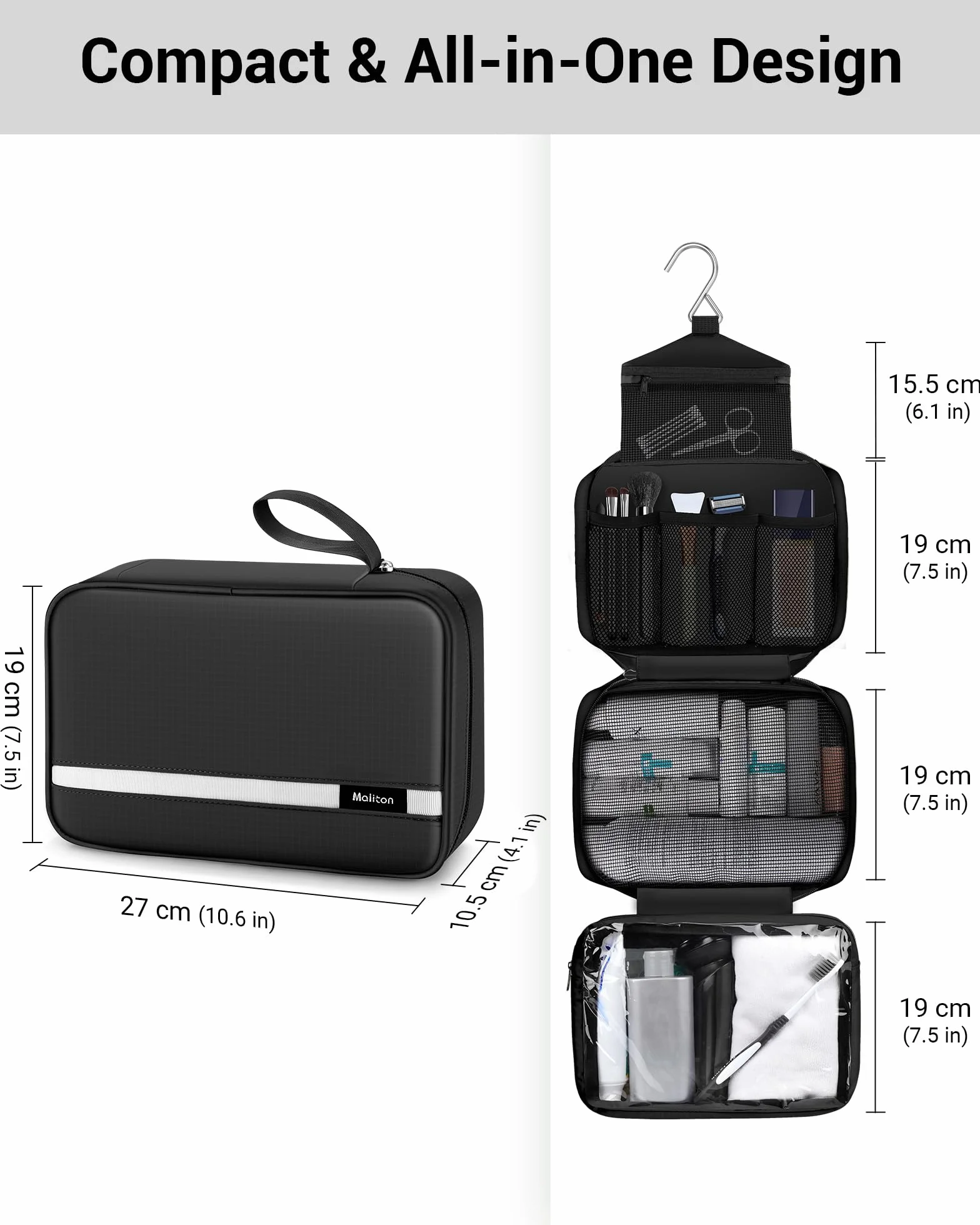 Maliton Neceser Viaje,Neceser Hombre Mujer,Impermeable De Gran Capacidad Neceser Maquillaje,con 4 Compartimentos Y Gancho Giratorio De 360°,para BañO Y Almacenamiento