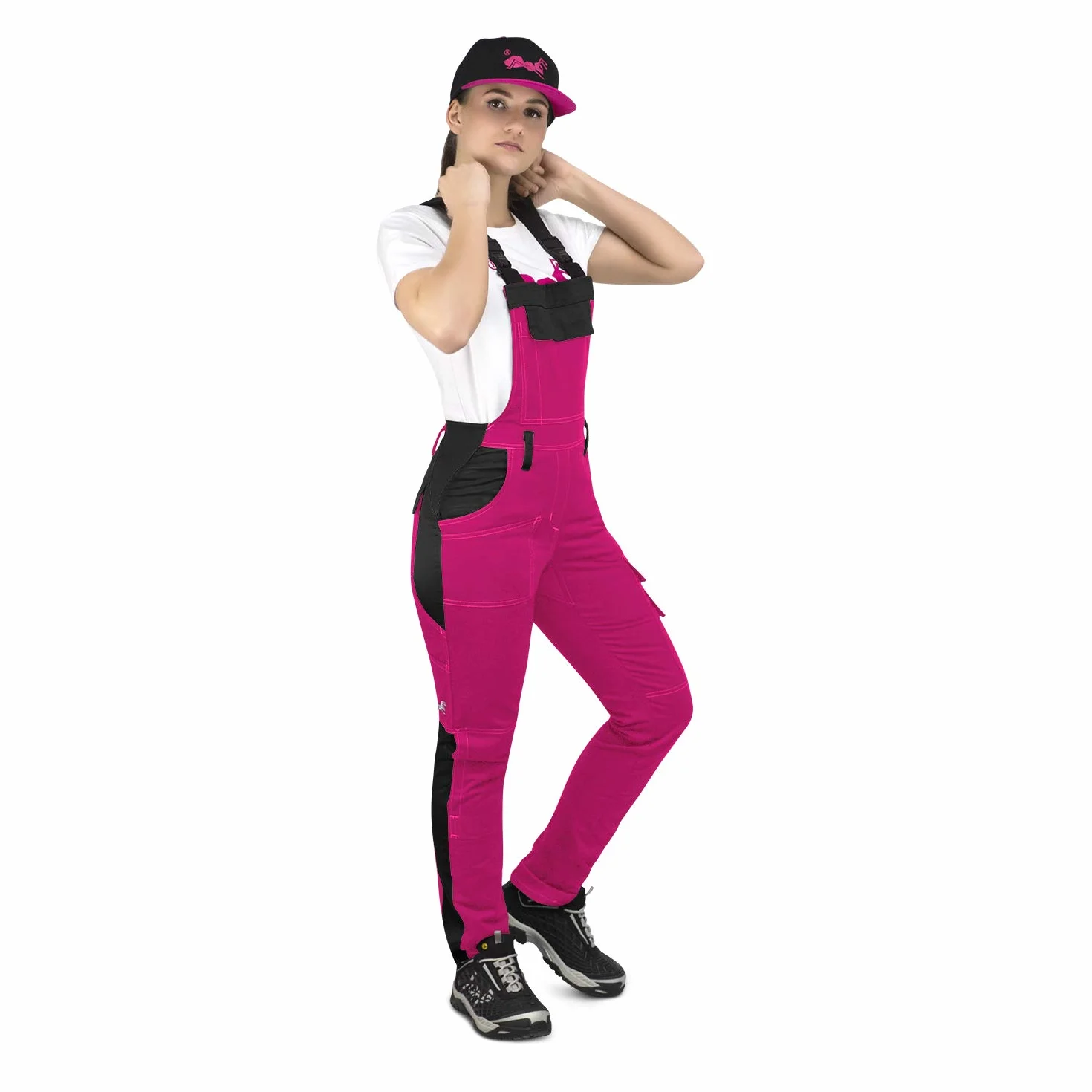 strongAnt Peto elástico de Trabajo para Mujer, pantalones de trabajo con bolsillos para rodillera - Negra Blanca Rosa