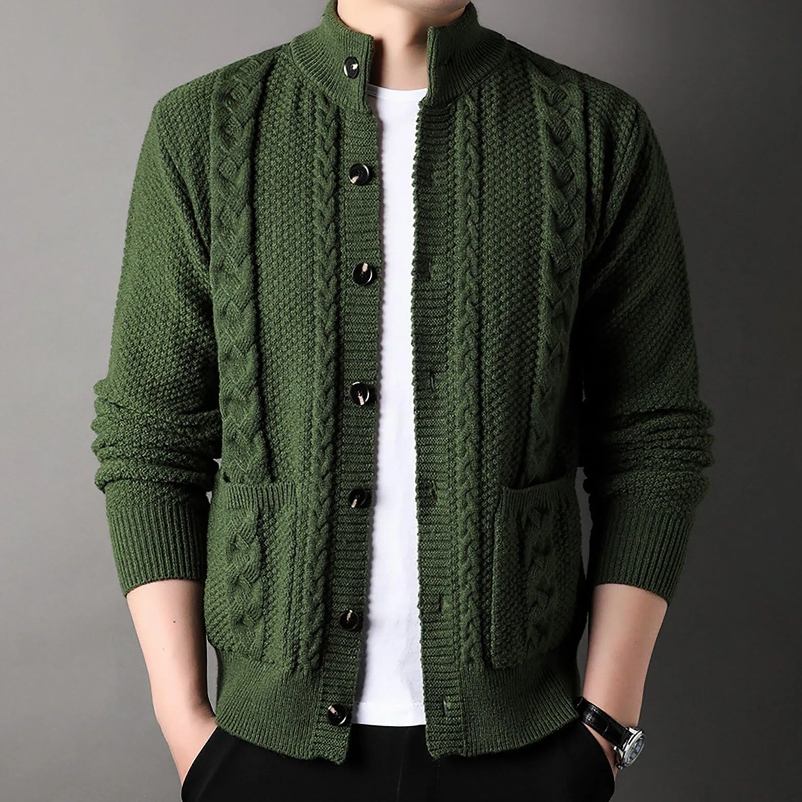 Genérico Cardigan Punto Hombre, Chaqueta Punto Hombre Manga Larga con Un Solo Botonadura con Bolsillo Abrigo Color Sólido Informal con Botones Suéter Grande para Otoño E Invierno