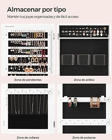 SONGMICS Armario Joyero, Espejo Joyero Montado en la Pared o en la Puerta, Espejo Colgante con Cerradura, 2 Organizadores de Maquillaje de Plástico Extraíbles, Idea de Regalo, Blanco JJC001W01