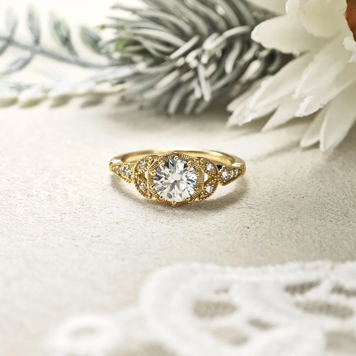 Alianzas de boda auténticas Au 375/585/750 oro amarillo con moissanita, forma de hoja vintage