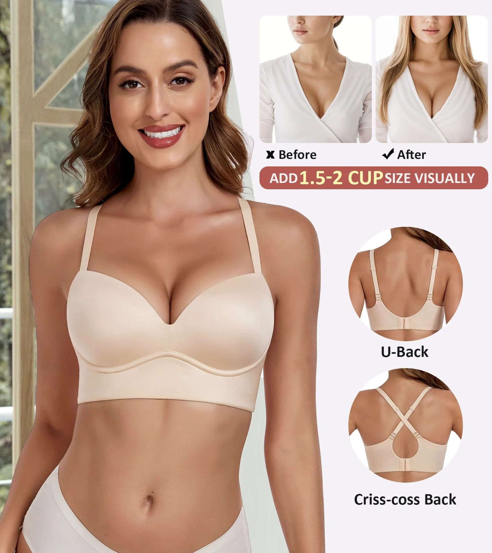 Lemorosy Sujetador push up sin aros para mujer, multidirección, convertible, escote en V, sin aros, acolchado, cómodo, brasier tipo camiseta